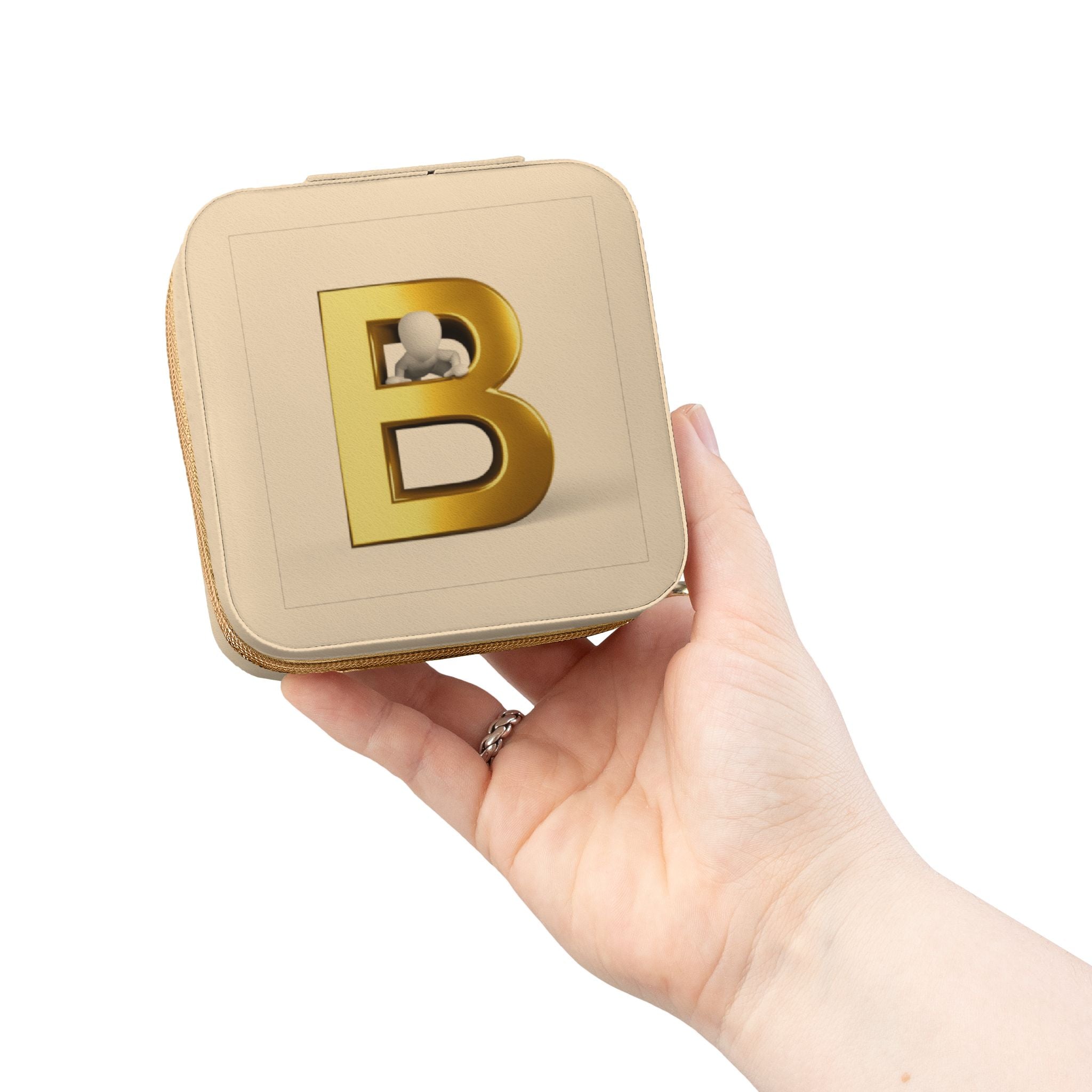 Étui de voyage carré compact pour bijoux en or avec initiale B | Organisateur portable
