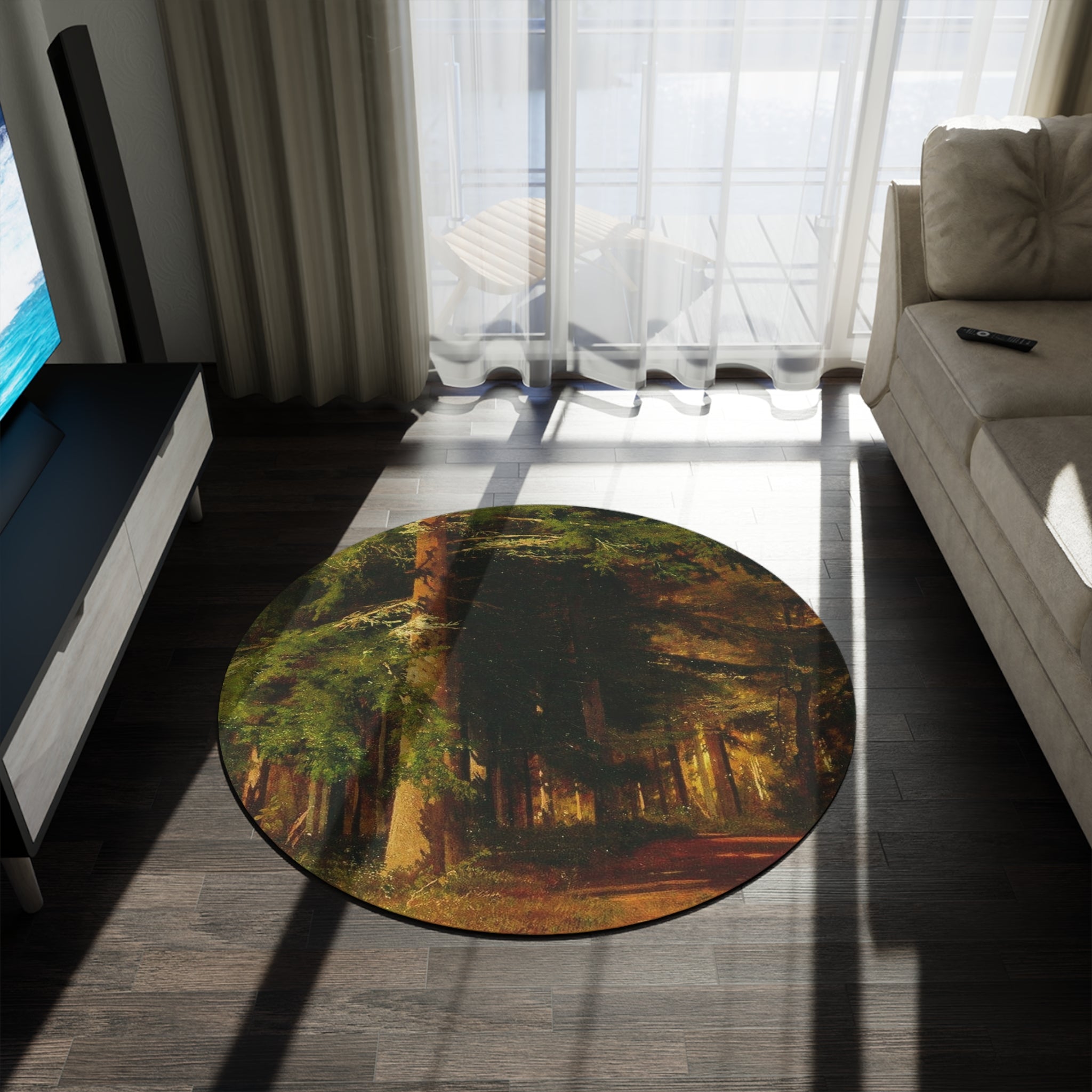 Forest Path Round Rug | Woodland Trees Landscape Circle Rug