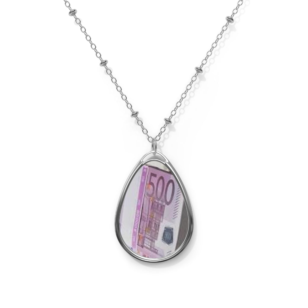 Oval Money Pendant Necklace — Teardrop Silver Locket with Euro Banknote Design