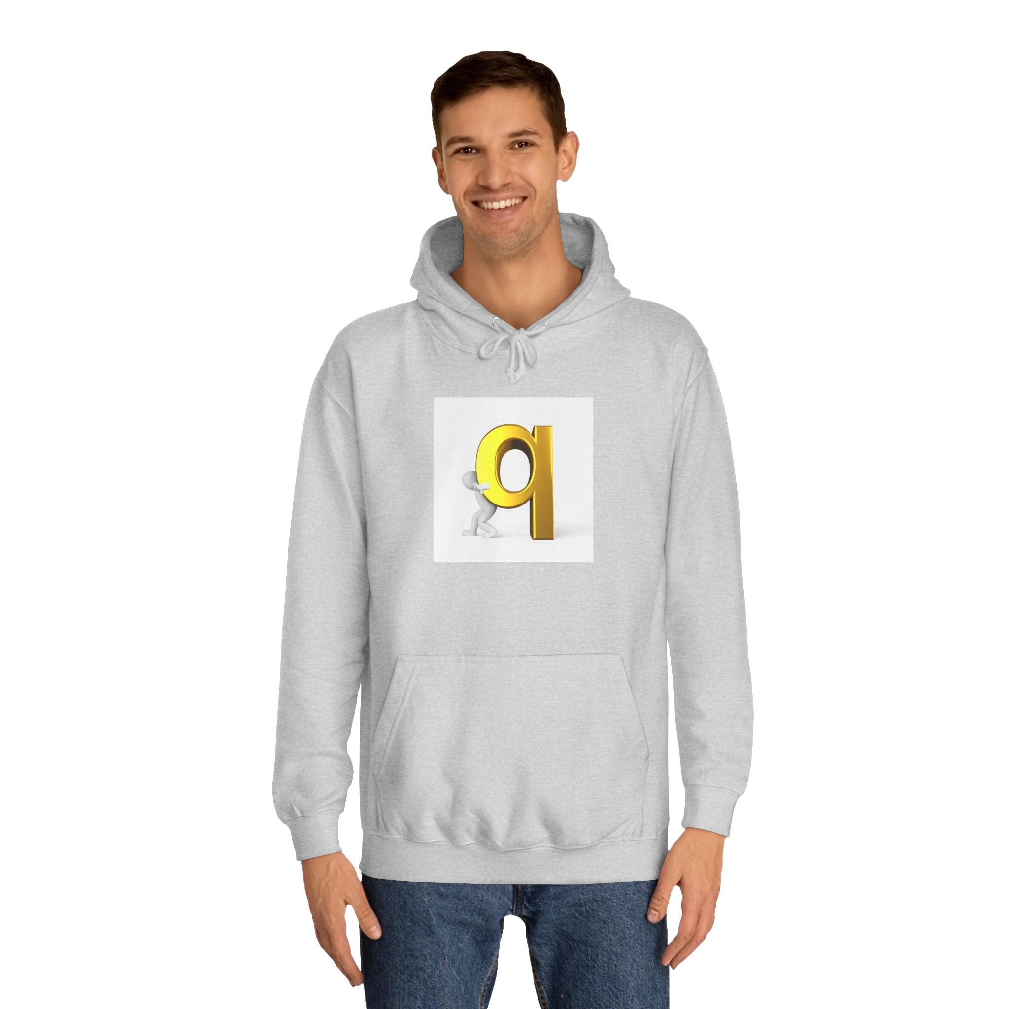 Gold Letter Q Hoodie | 3D Figure Pushing Q Graphic
