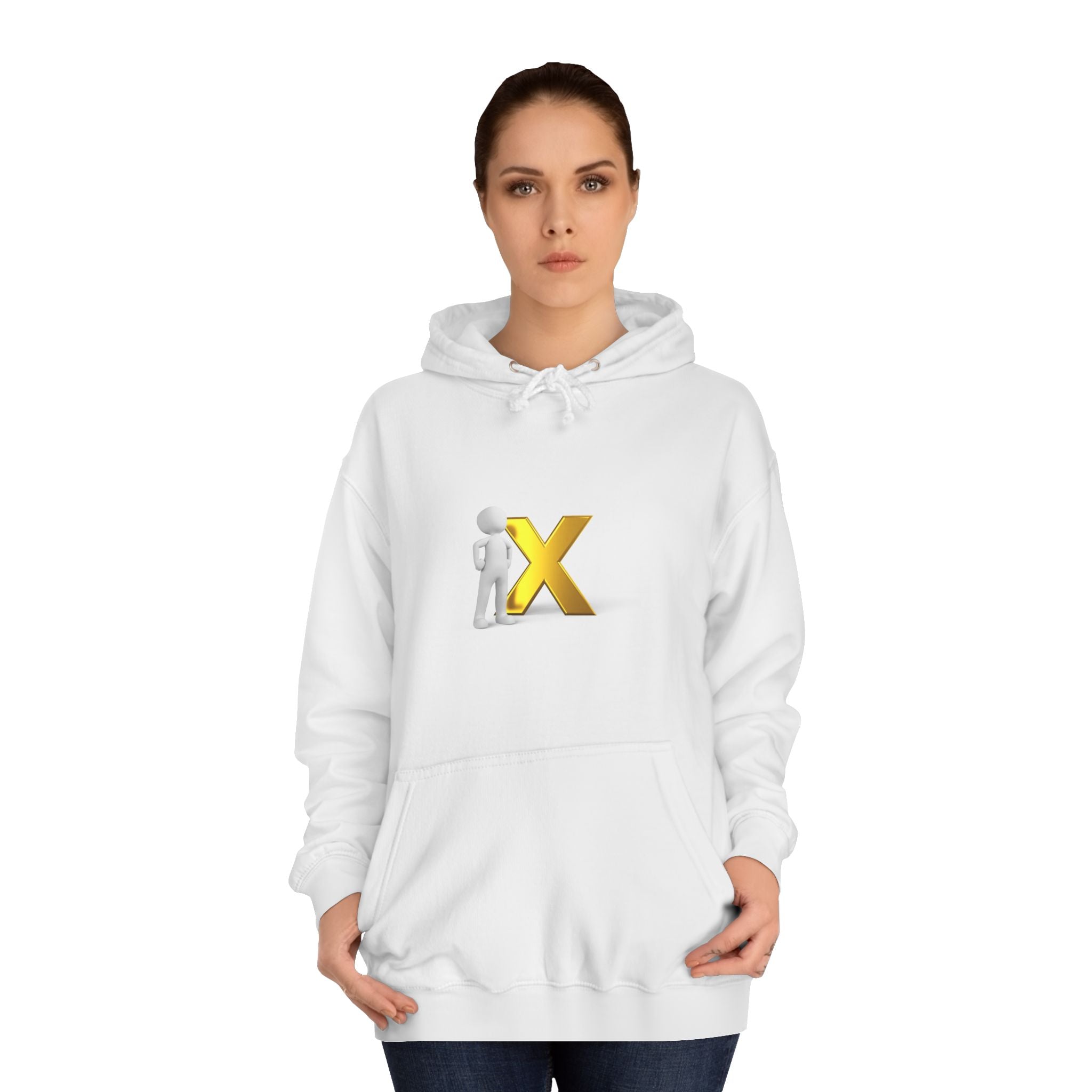 3D Figure Leaning on Gold X Hoodie | Letter X Initial Pullover