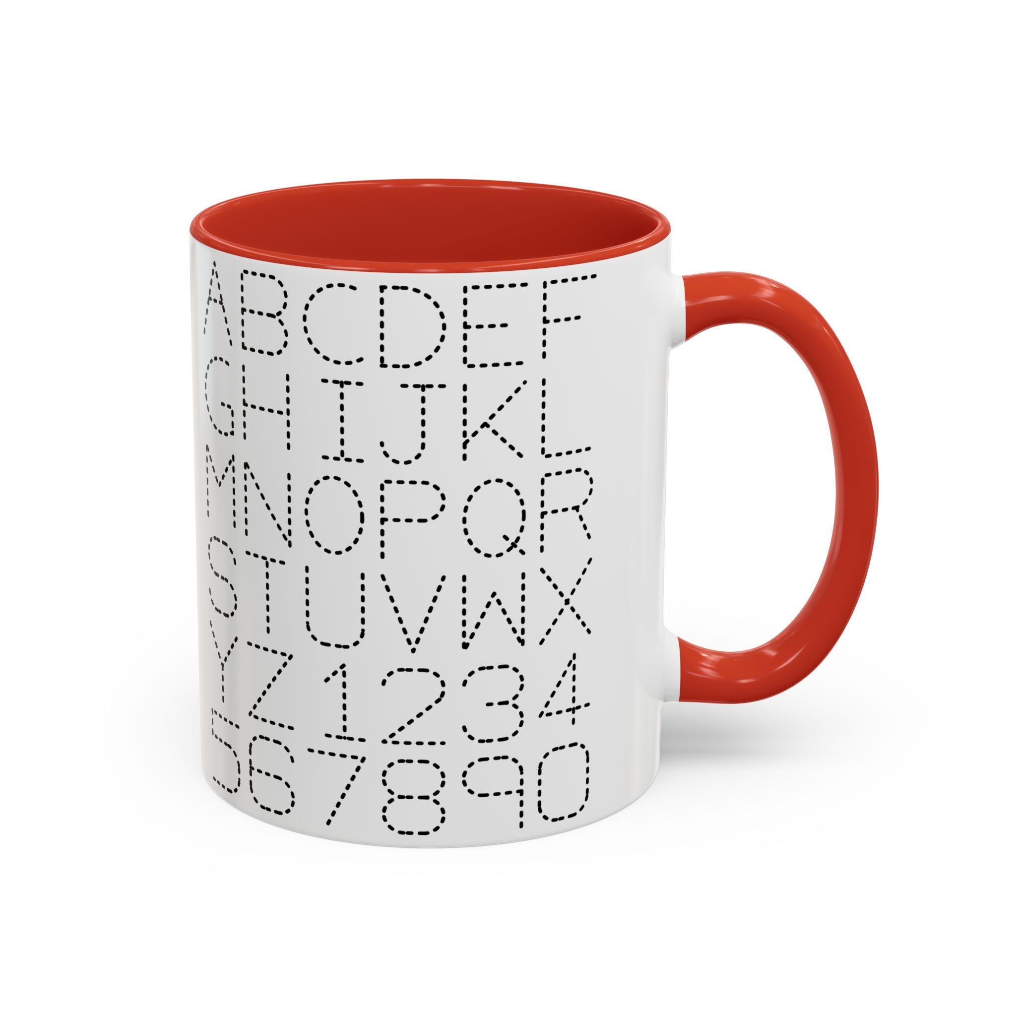 Kaffeetasse mit gepunkteten Buchstaben und Zahlen