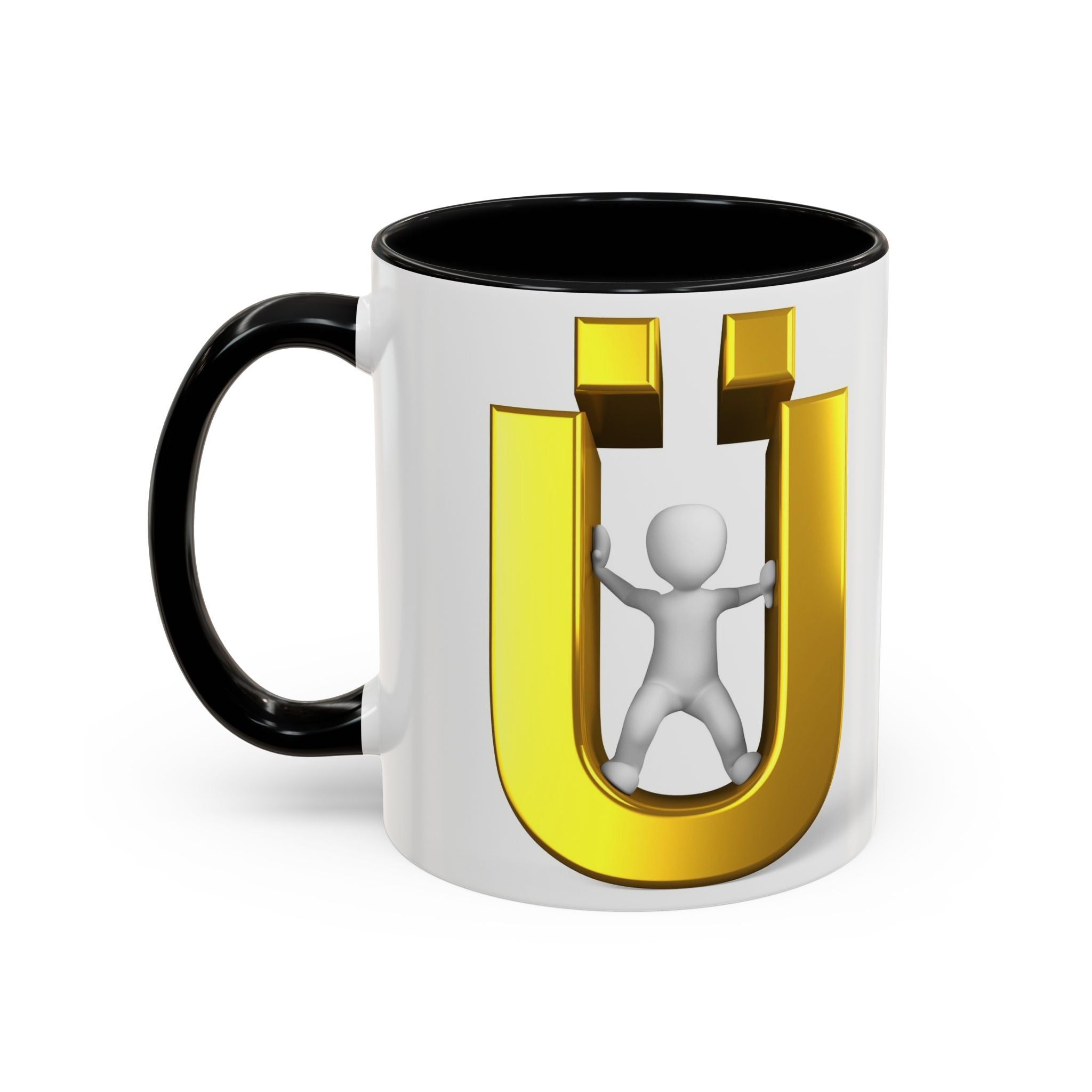Tasse à café 3D « Lettre Ü dorée avec figurine stylisée » | Mug à anse de couleur