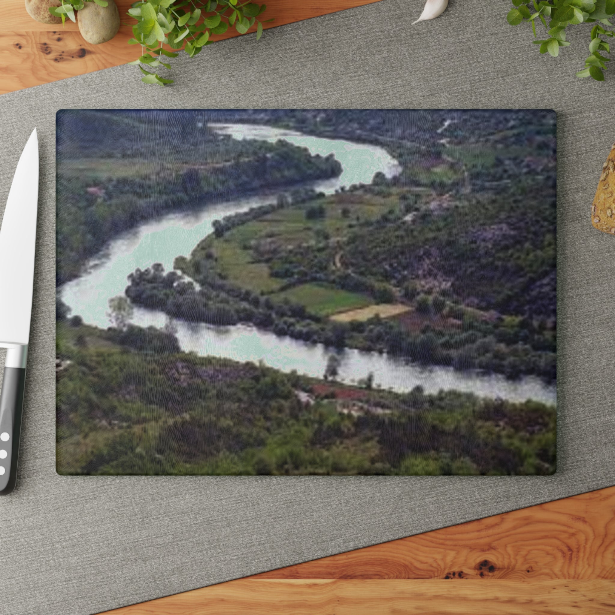 River Bend Landscape Glass Cutting Board | Scenic Aerial River View