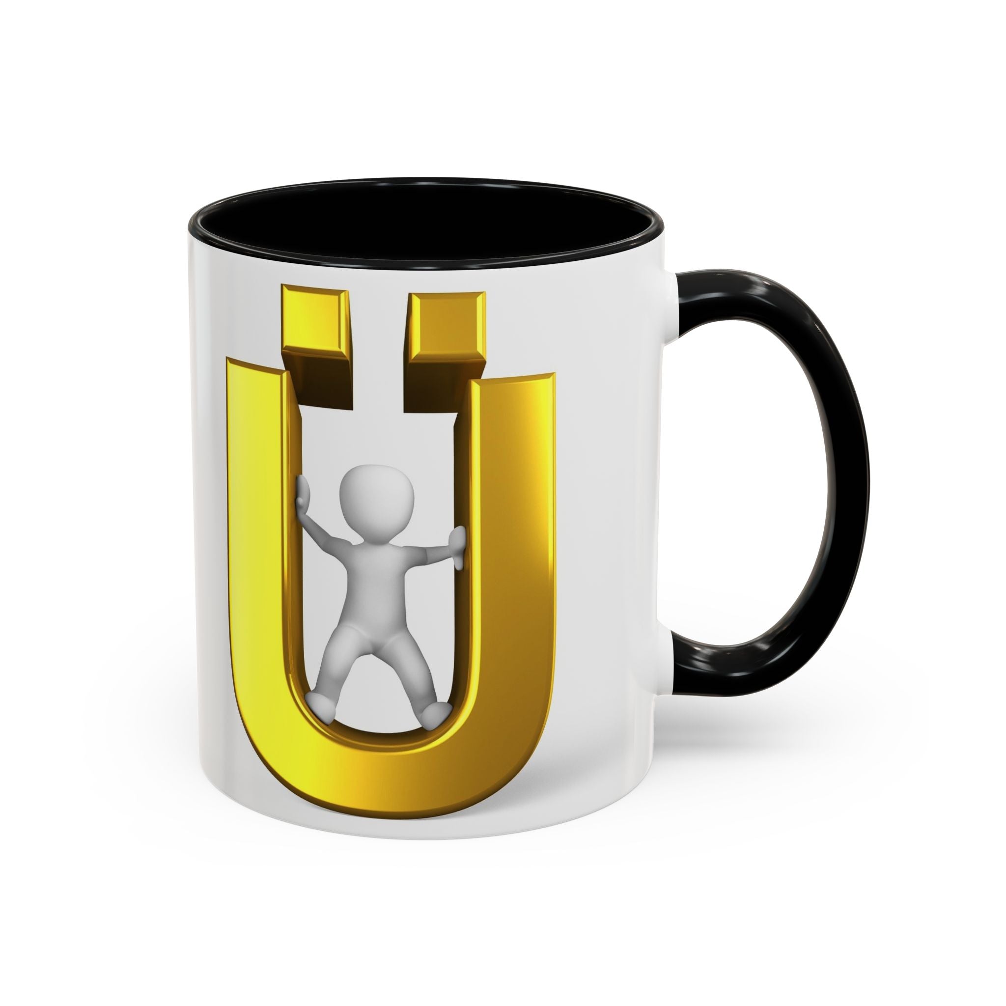 Tasse à café 3D « Lettre Ü dorée avec figurine stylisée » | Mug à anse de couleur