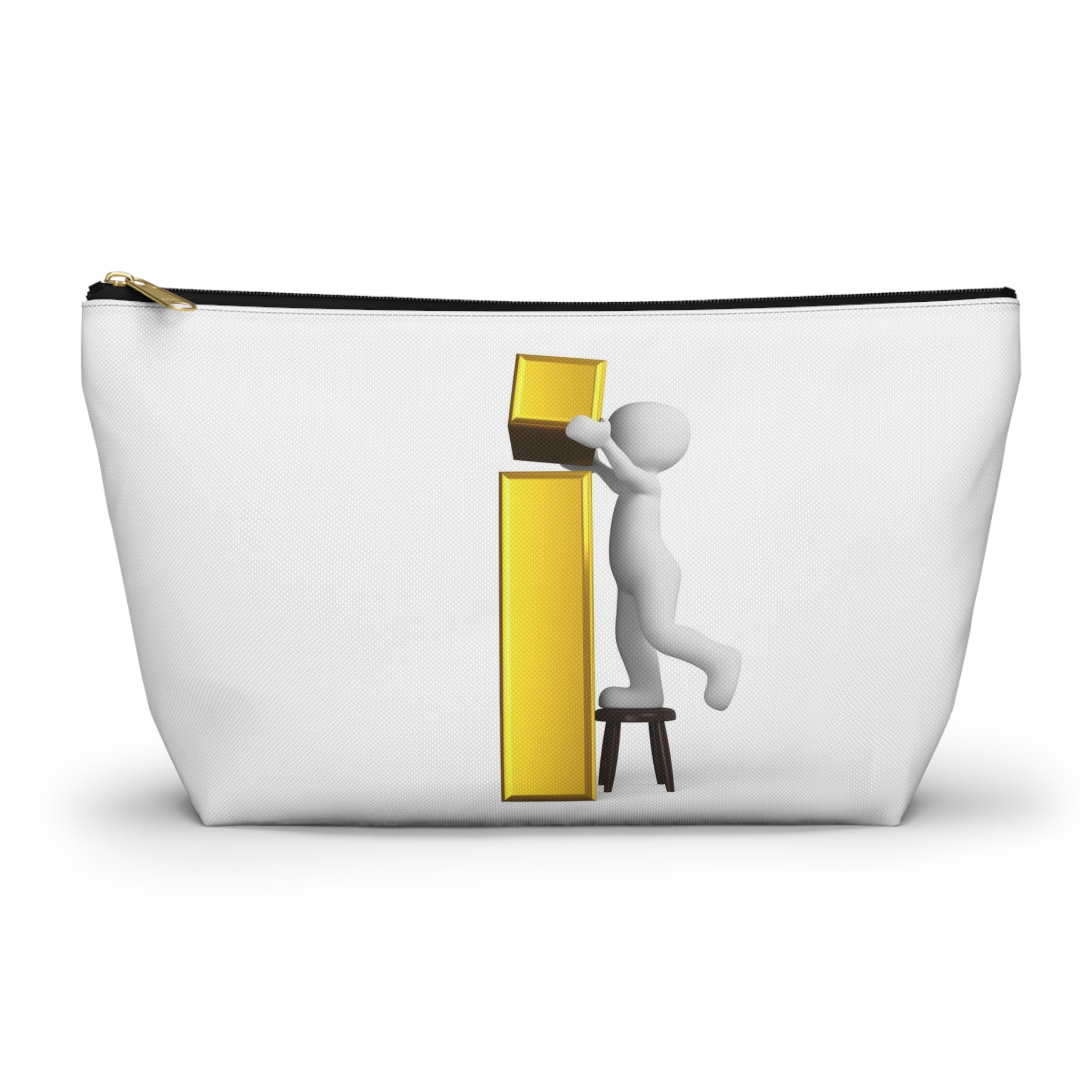 Trousse à accessoires en toile avec figurine bâton en 3D et lettre « i » dorée | Trousse à fond plat et à fermeture éclair