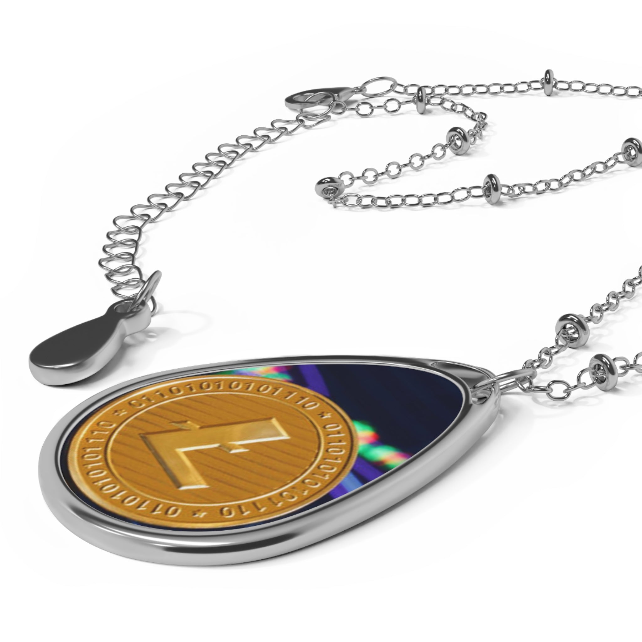 Oval Litcoin Pendant Necklace — Retro Holographic Medallion Teardrop Jewelry