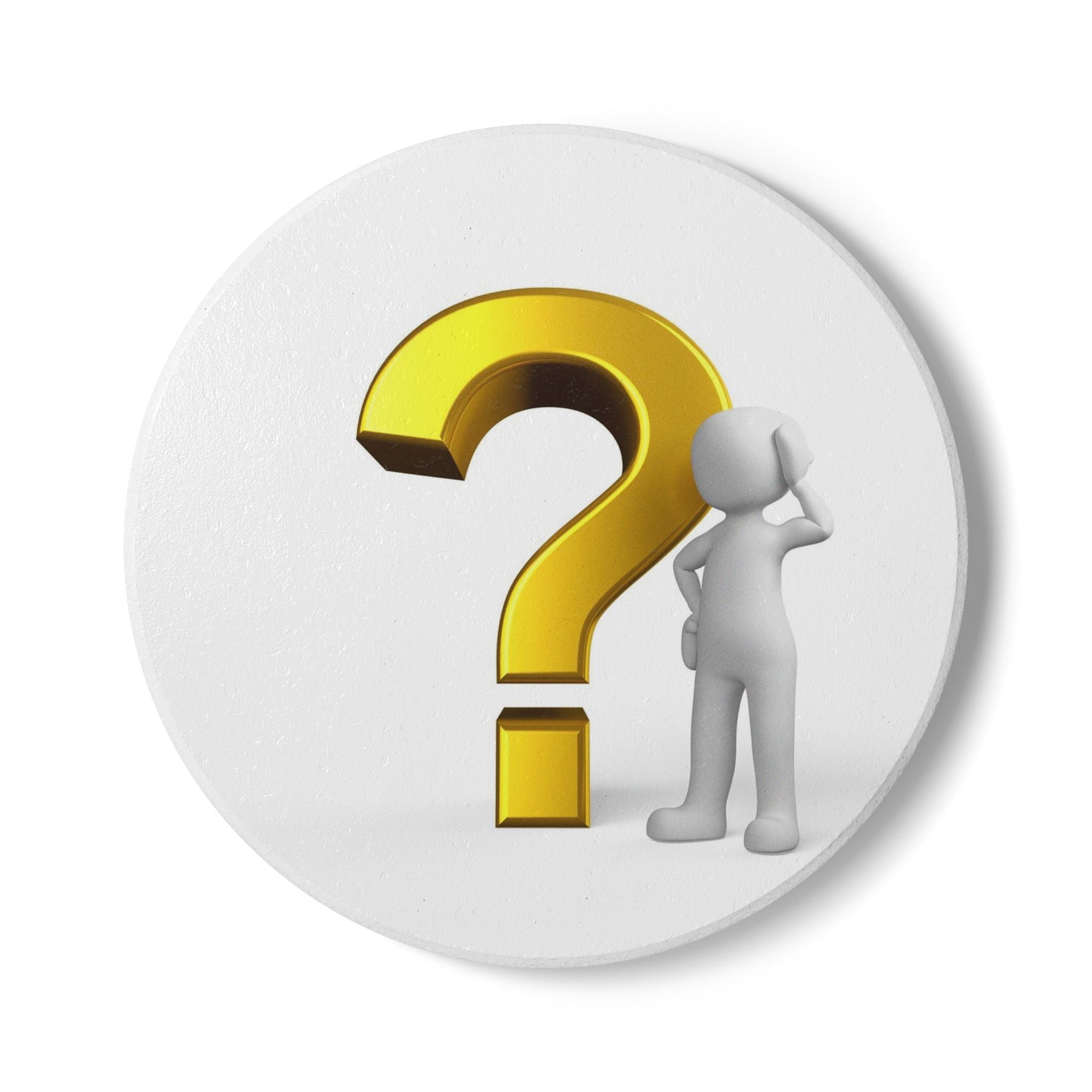 Question Mark Character Ceramic Coaster | Cork Back, Round Drink Mat