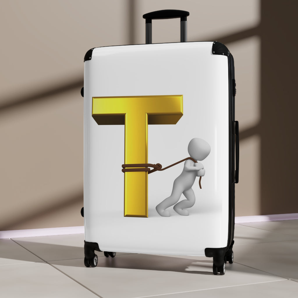 3D Gold Letter T with Figure Suitcase | Personalized Monogram Luggage