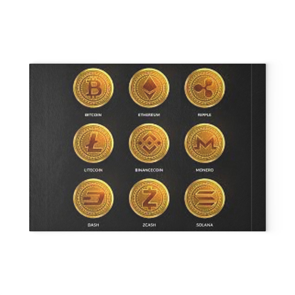 Cryptocurrency Coins glass cutting board | Bitcoin Ethereum Ripple Litecoin Binance Monero