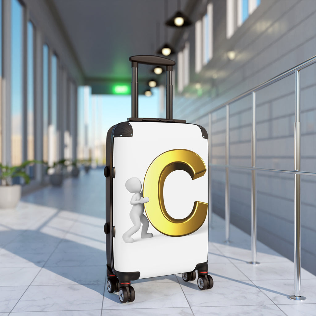 3D Character Pushing Gold Letter C Suitcase | Monogram Luggage
