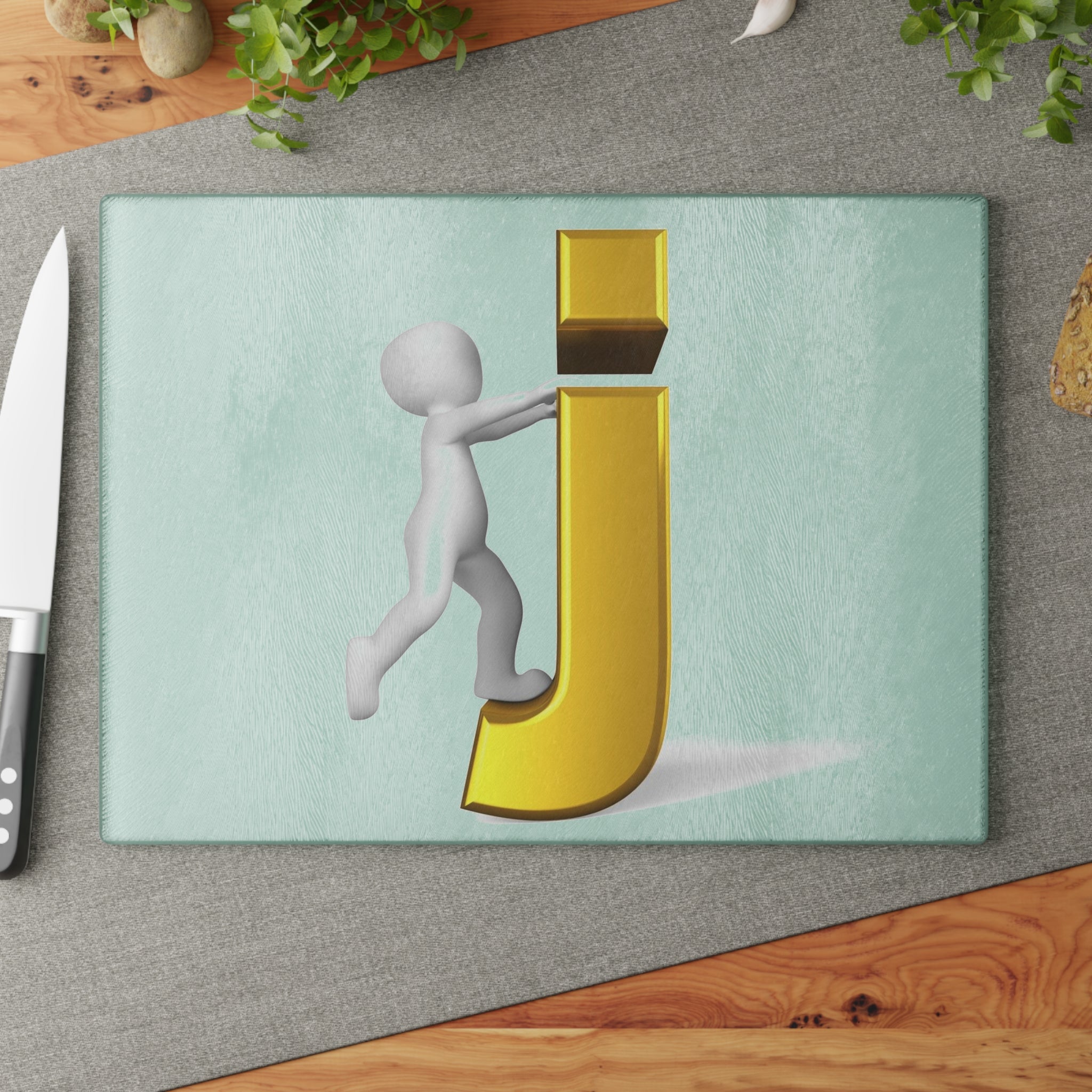 3D Stick Figure Pushing Gold Letter J Glass Cutting Board | Decorative Kitchen Countertop