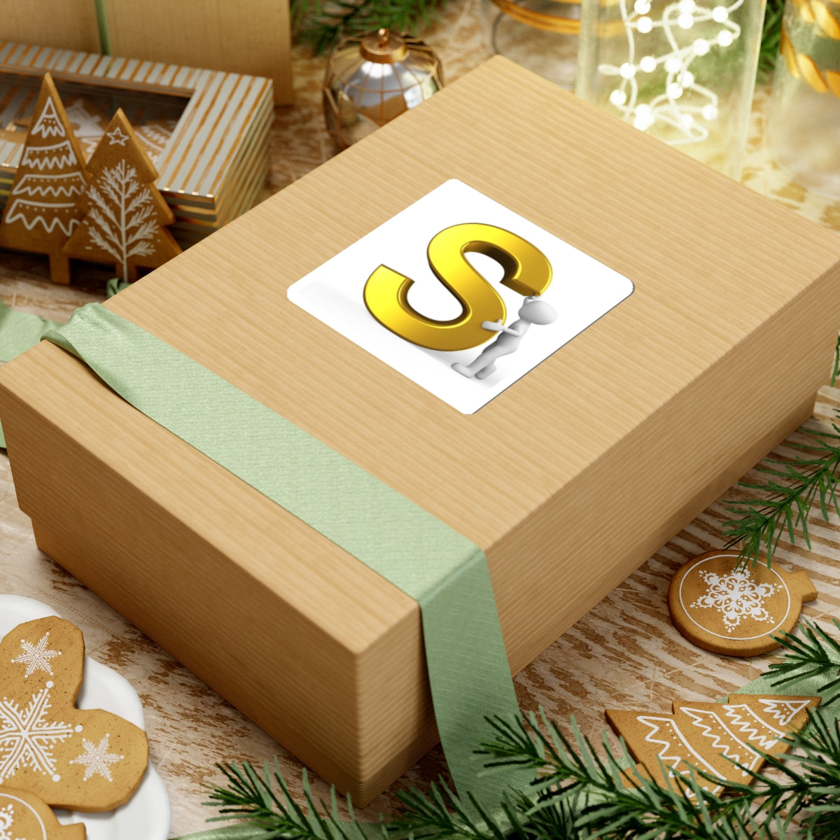 Gold Letter S with 3D Figure Kiss-Cut Sticker | Monogram Initial Sticker
