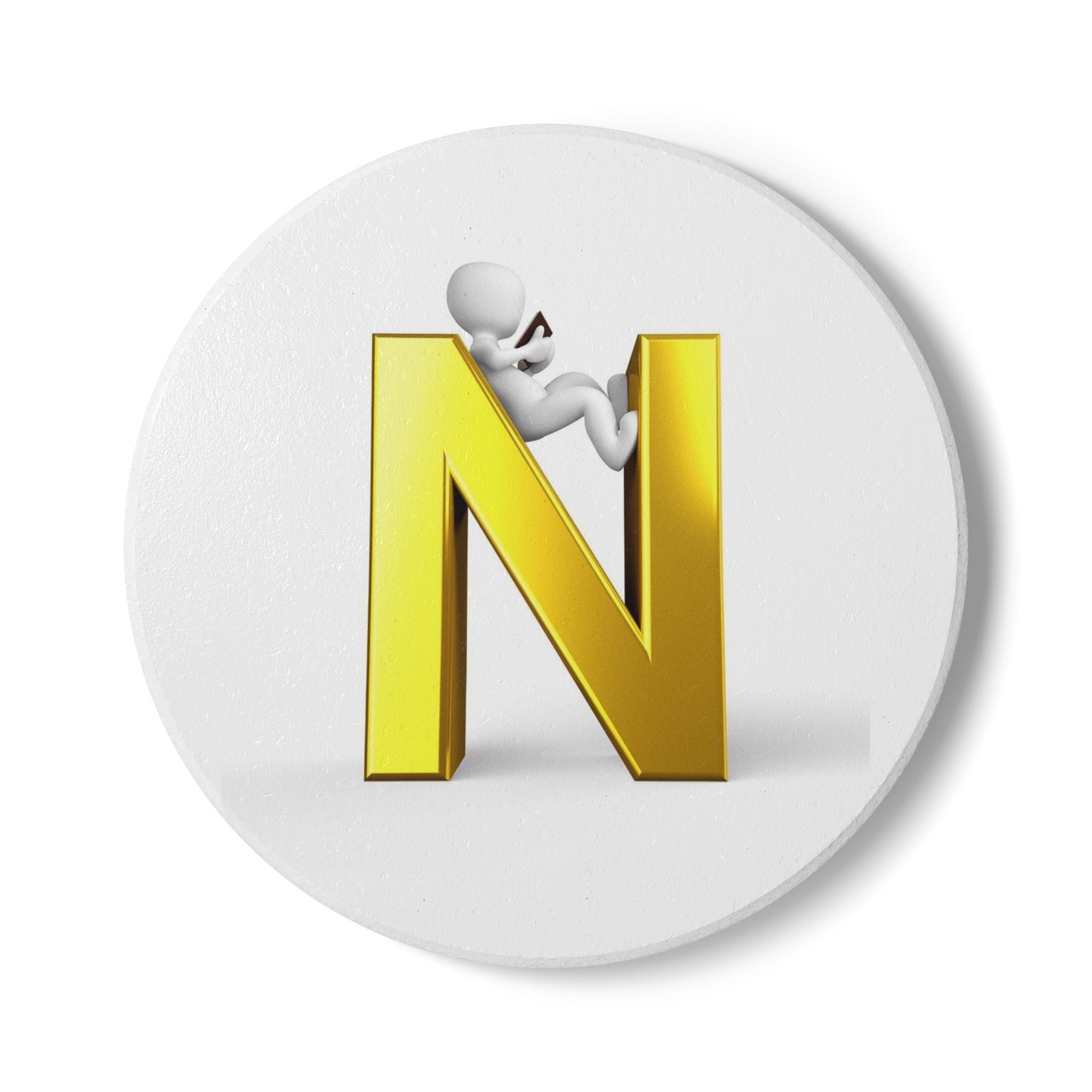 Gold Letter N with Climber Ceramic Coaster | Monogram Initial N Coaster