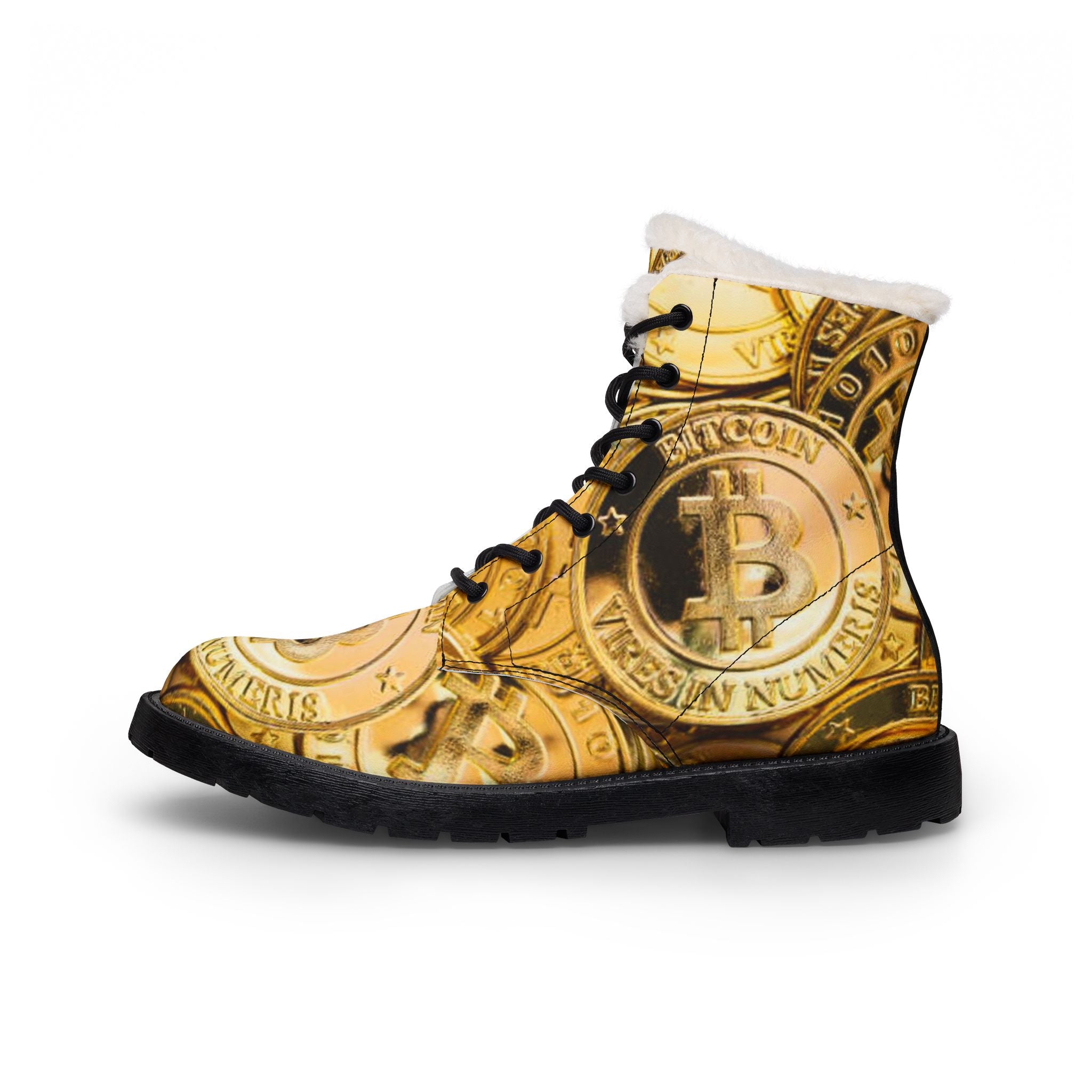 Bitcoin Coin Print Boots | Fur Lined Leather Boots