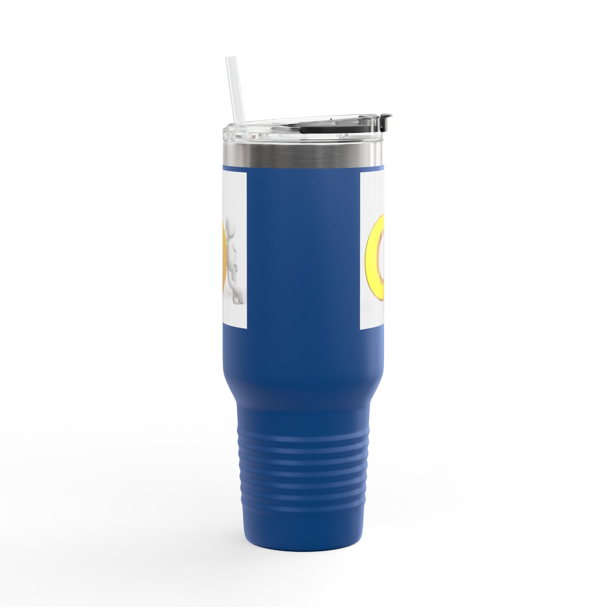 Personne 3D poussant une lettre O en or sur un gobelet de voyage | Gobelet isotherme de 40 oz