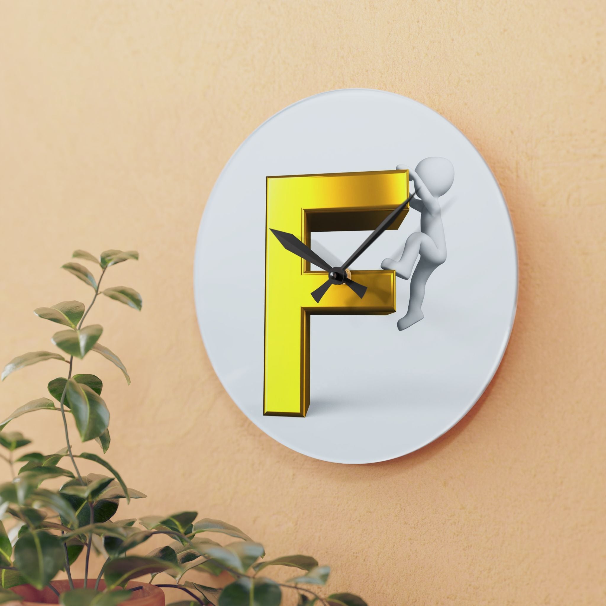 Gold Letter F with Climber Acrylic Wall Clock | Modern Initial Decor