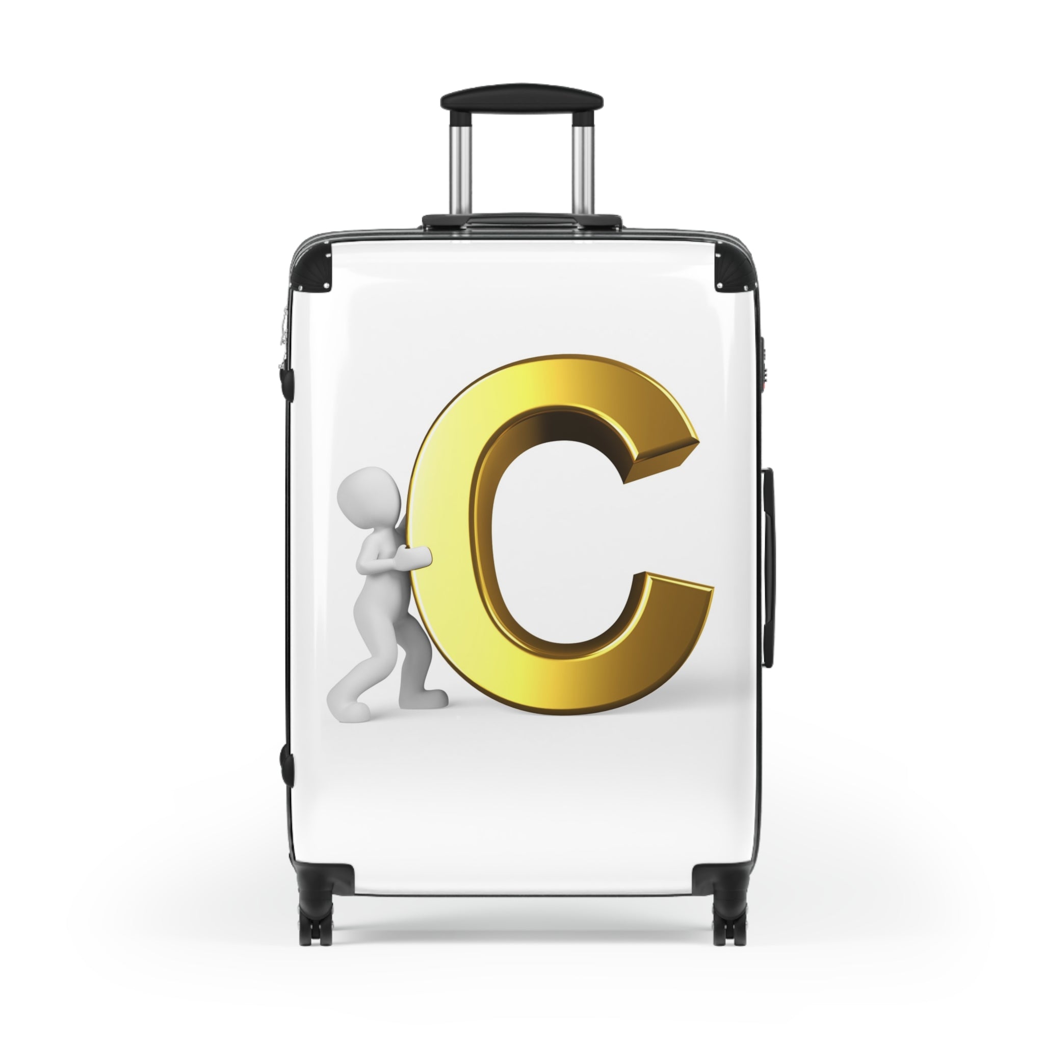 3D Character Pushing Gold Letter C Suitcase | Monogram Luggage
