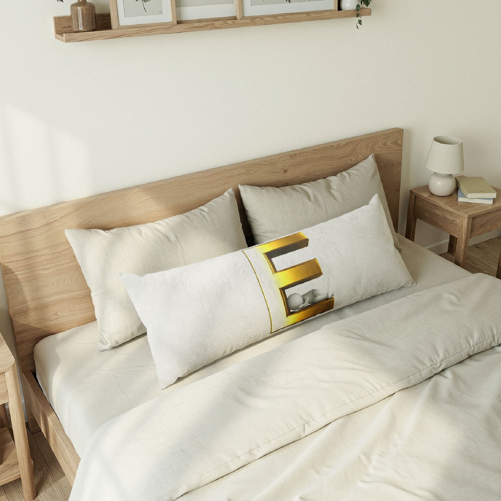 Gold Letter E with Sleeping Figure Body Pillow | Monogram Initial Pillow