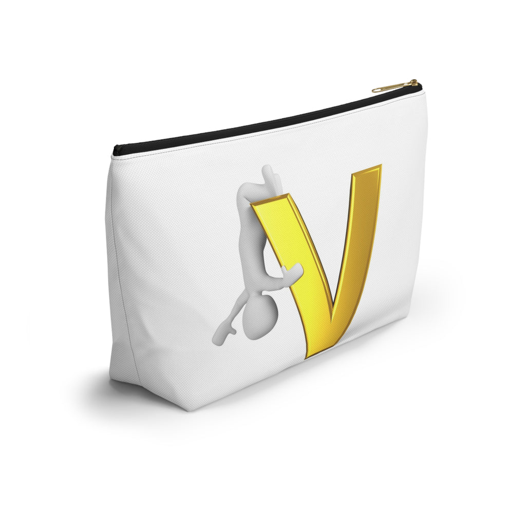 Gold Letter V with Hanging Stick Figure Accessory Pouch