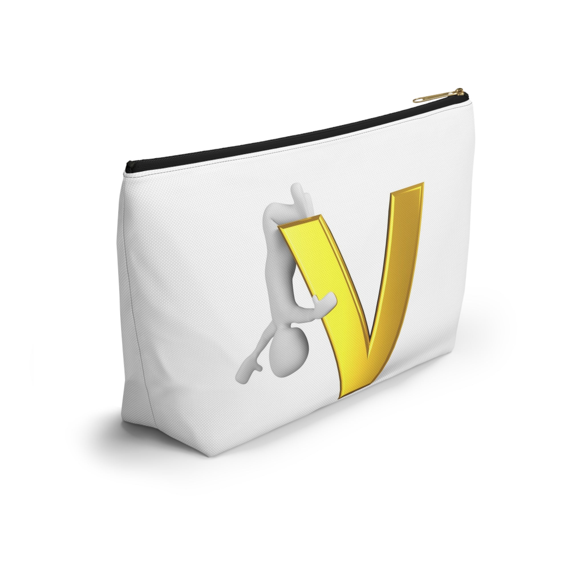 Gold Letter V with Hanging Stick Figure Accessory Pouch