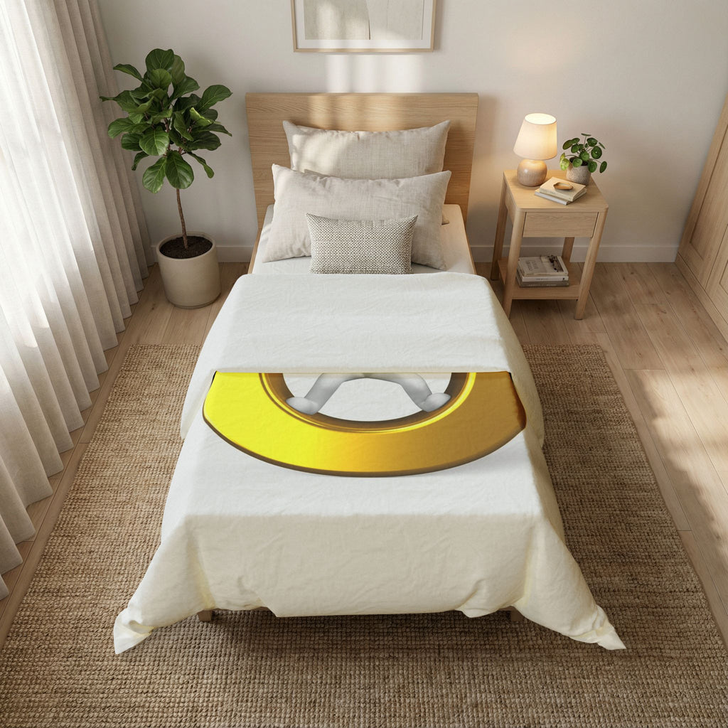 3D Stick Figure Inside Gold Letter O Duvet Cover | Minimal Graphic Bedding