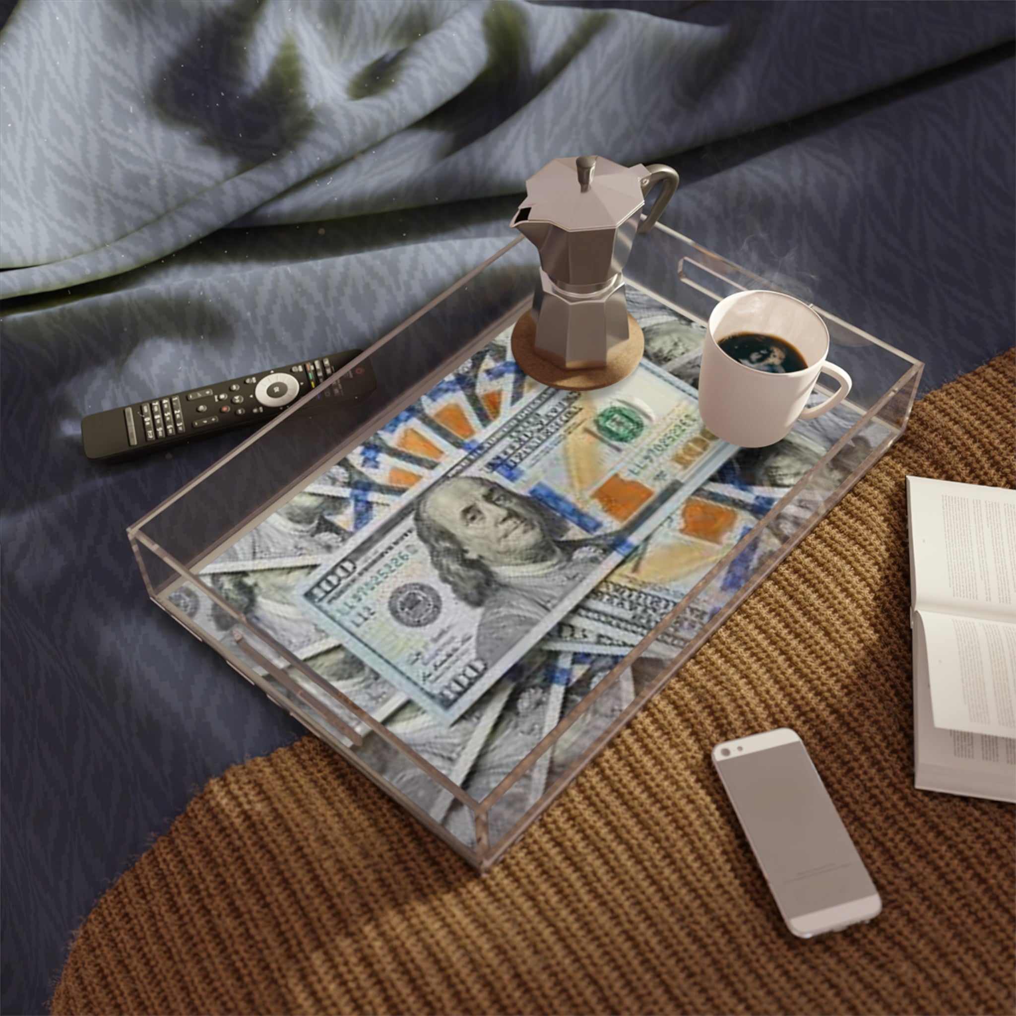Hundred Dollar Bills Acrylic Serving Tray | Money Stack Decorative Tray