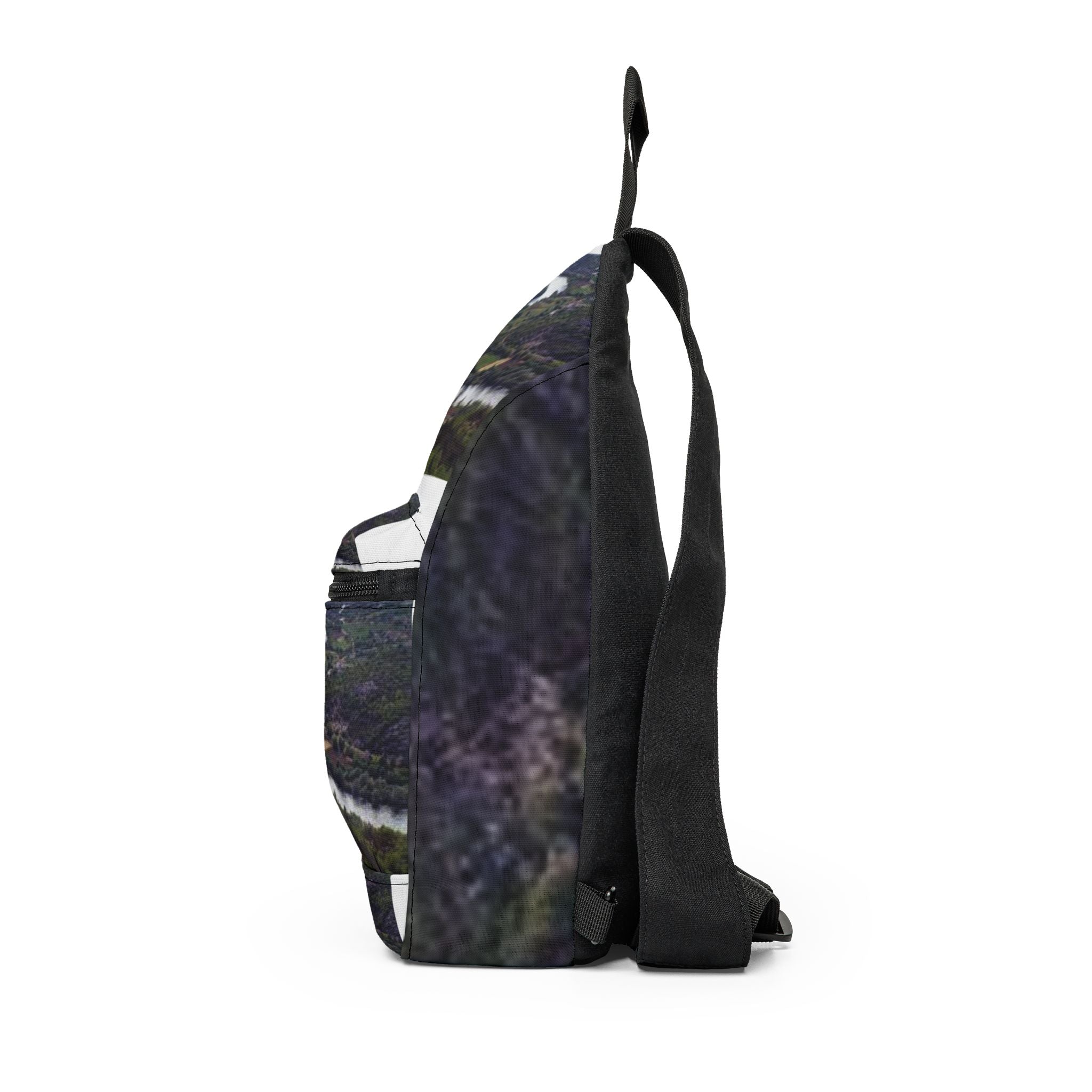 Aerial River Bend landscape Sling Bag | nature photography, green valley print