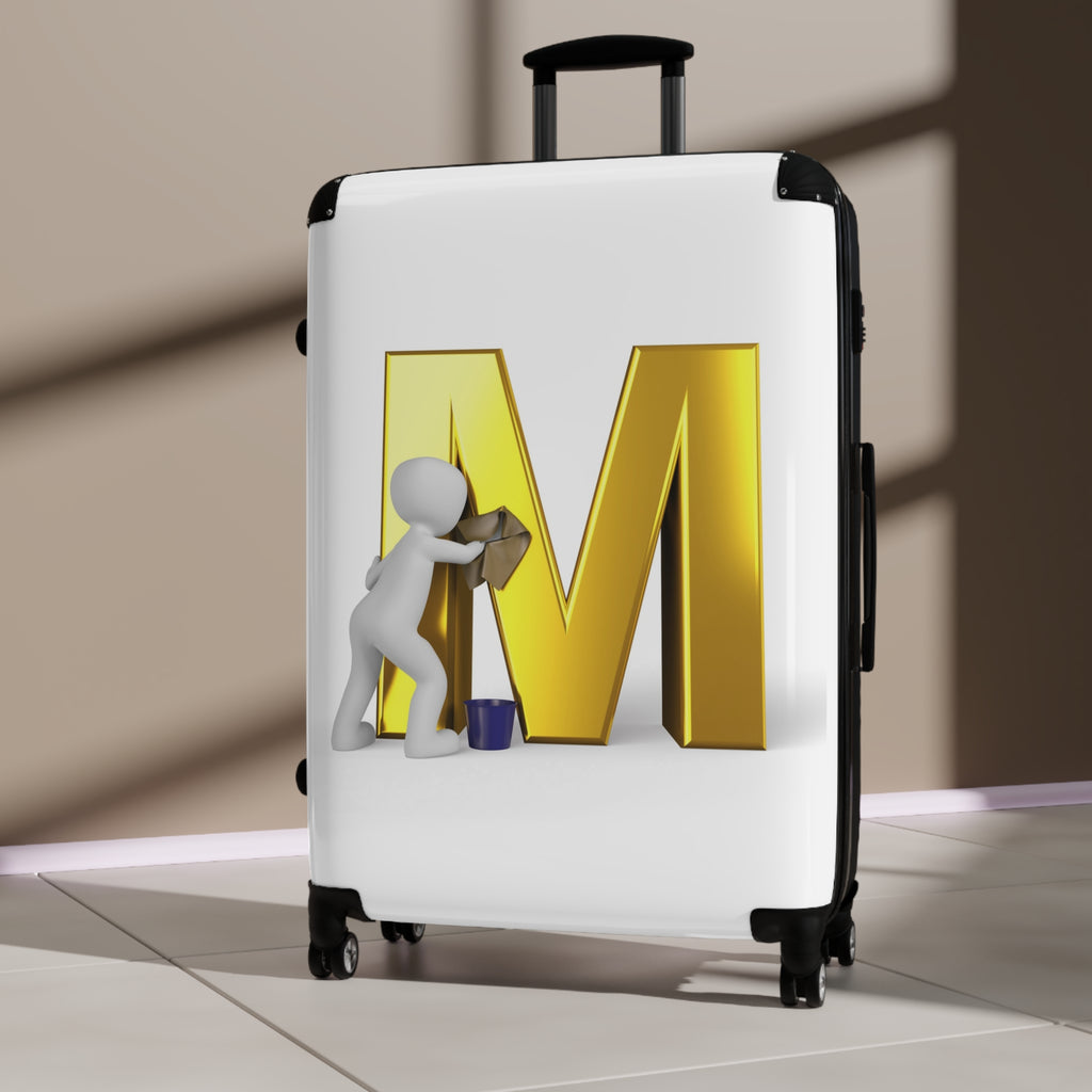 3D Person Cleaning Gold Letter M Suitcase | Luggage