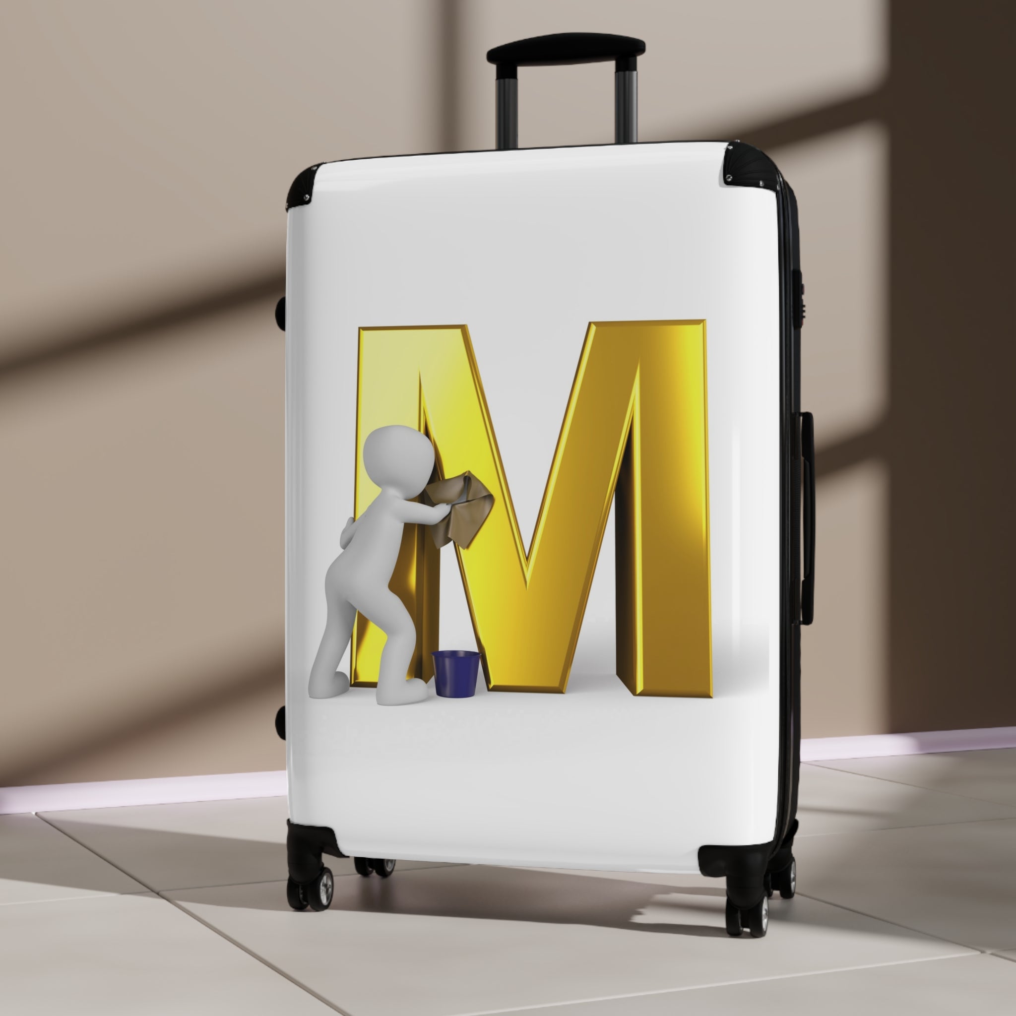 3D Person Cleaning Gold Letter M Suitcase | Luggage