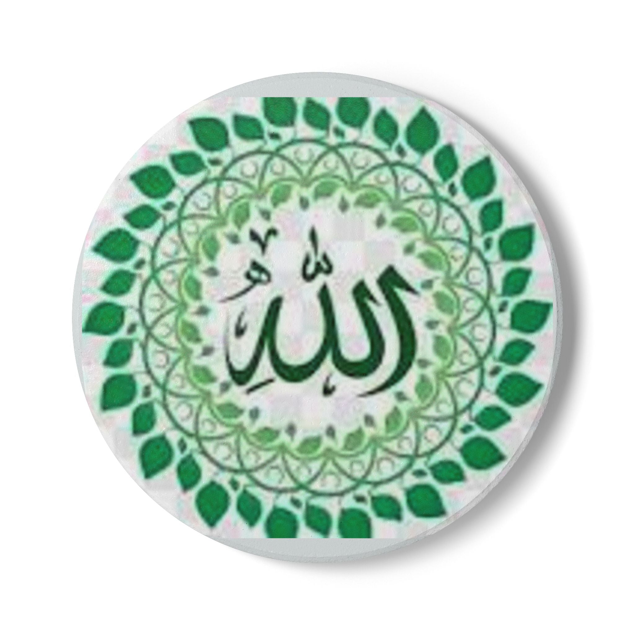 Allah Calligraphy Ceramic Coaster | Islamic Arabic Script, Green Leaf Mandala