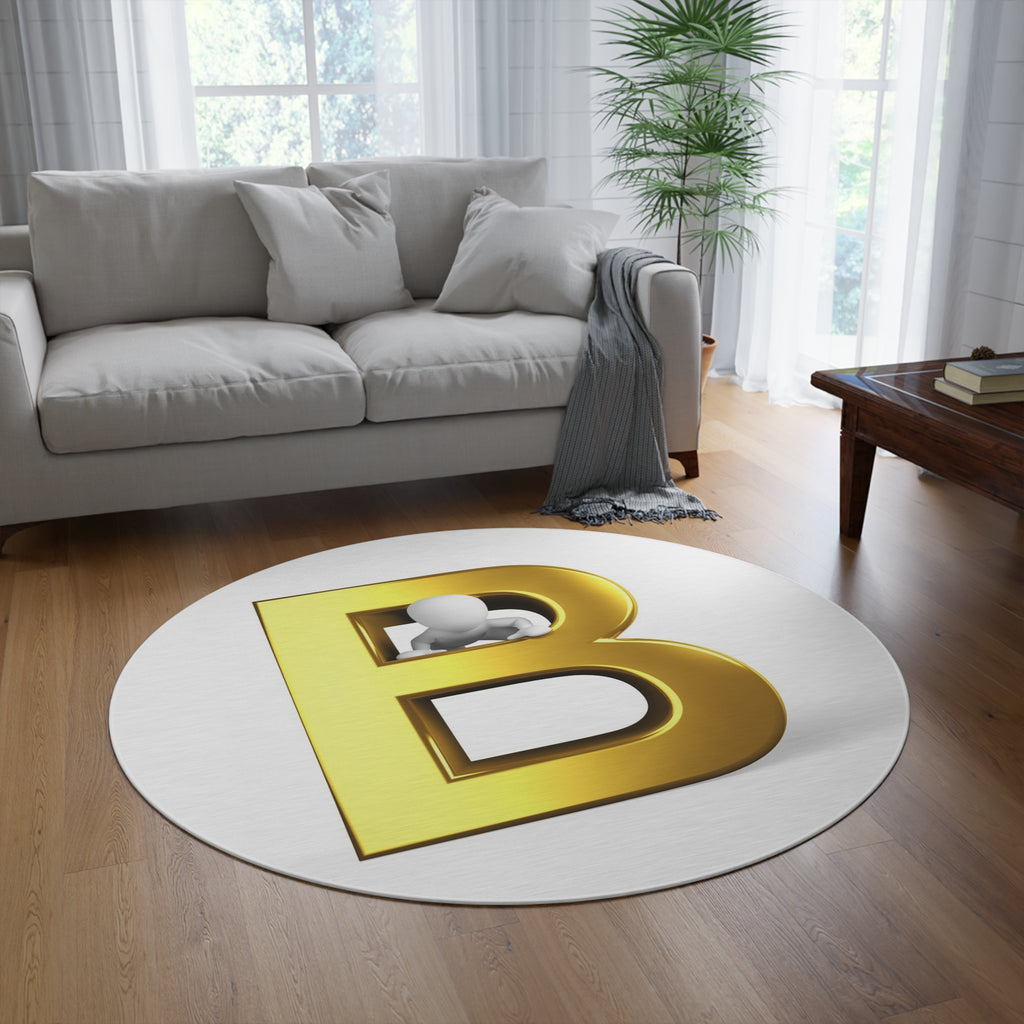 Gold Letter B with 3D Figure Round Rug | Monogram Initial Home Decor