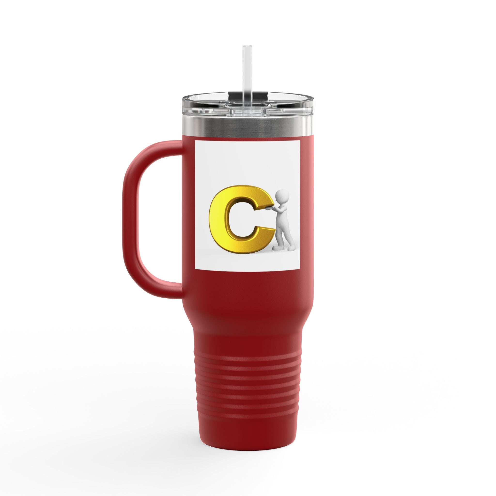 3D Character Leaning on Yellow Letter C Travel Mug | 40oz Insulated Tumbler