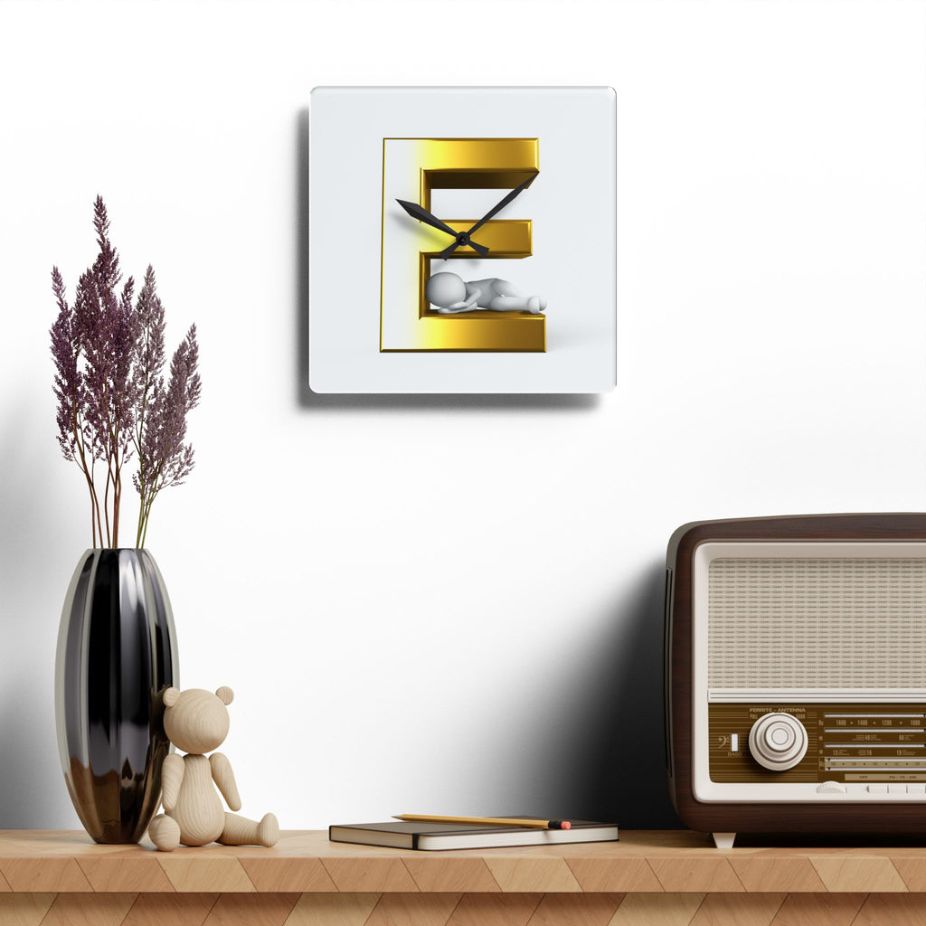 Gold Letter E with Sleeping Figure Acrylic Wall Clock | Modern Initial Home Decor