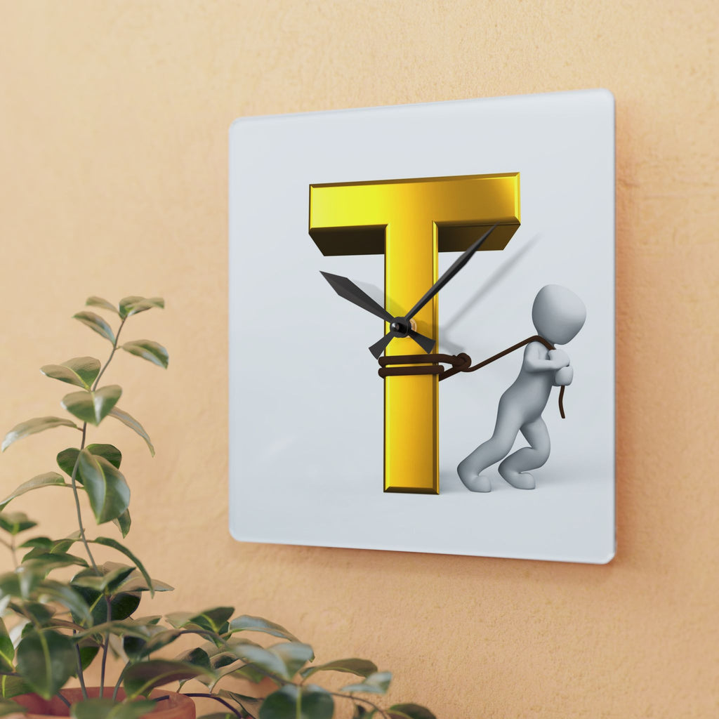 Gold Letter T with Figure Acrylic Wall Clock | Initial T Décor