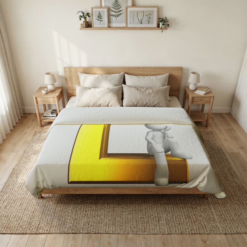 3D Gold Letter L with Sitting Figure Duvet Cover | Monogram Initial Bedding