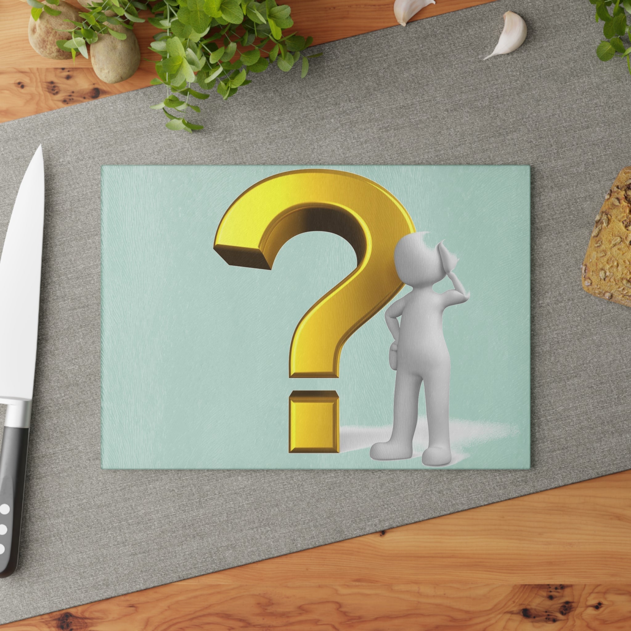 3D Gold Question Mark figure Glass Cutting Board | Decorative Kitchen Chopping Board