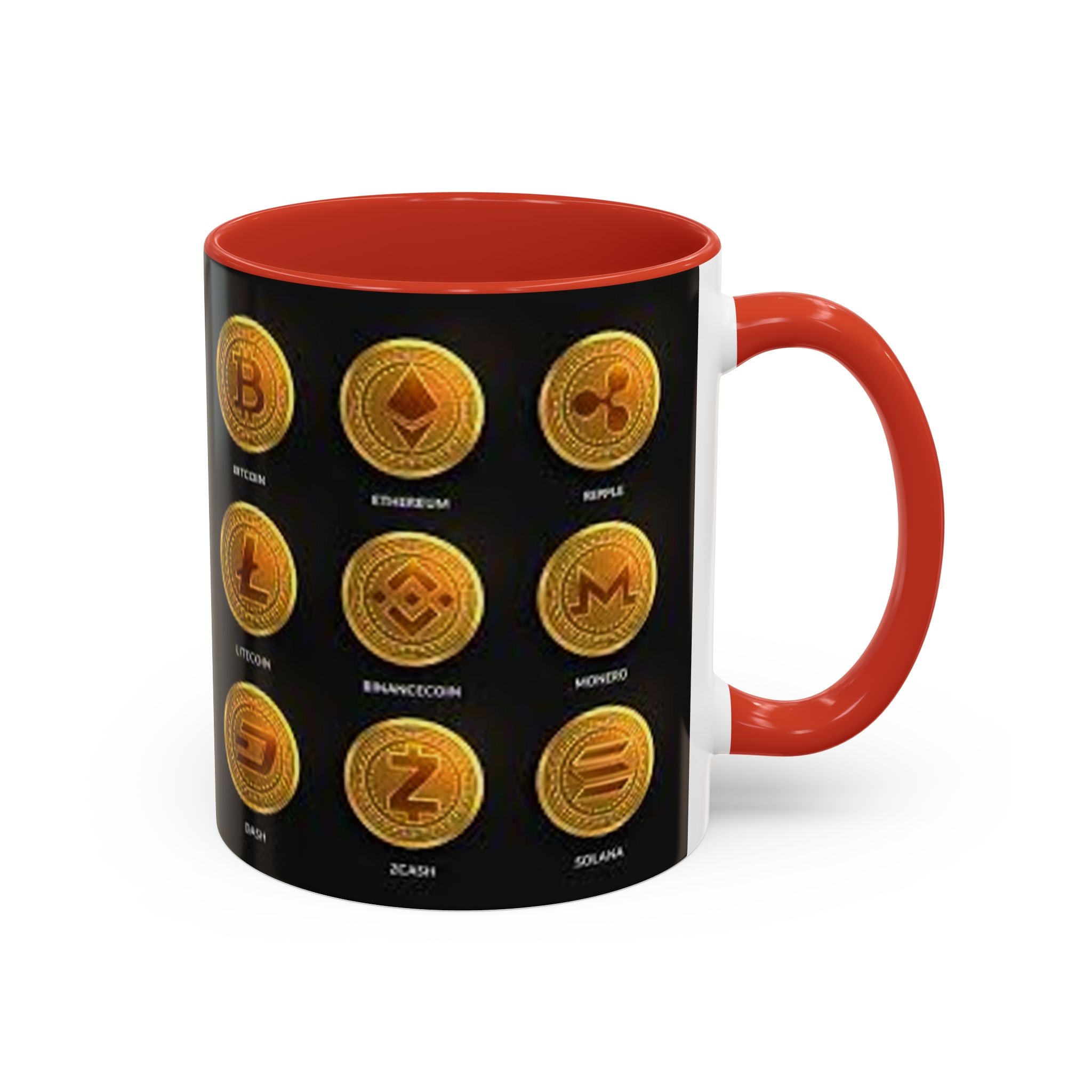 Cryptocurrency Coin Icons Accent Mug | Bitcoin Ethereum Litecoin Doge Coffee Mug