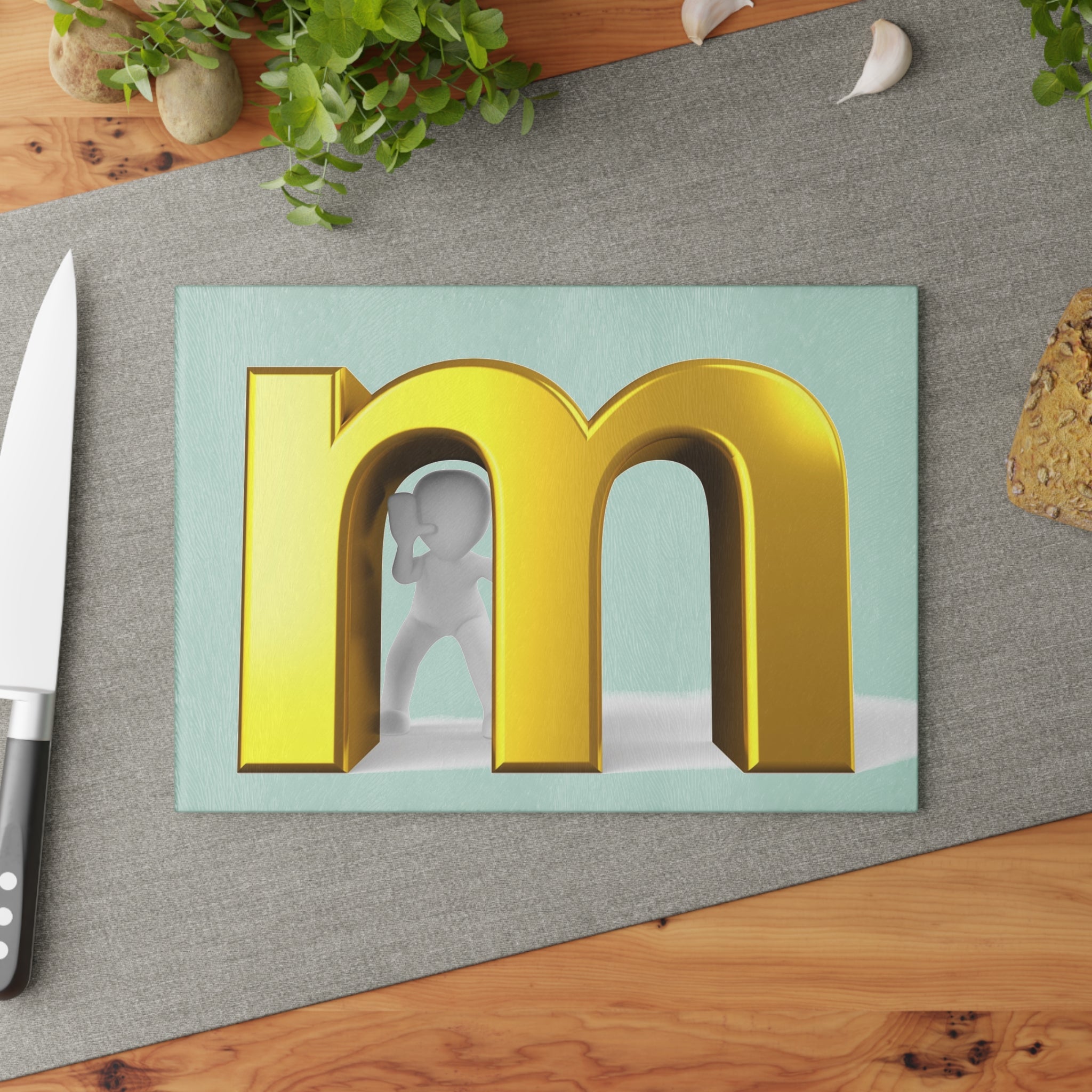 Gold Letter M with 3D Figure Glass Cutting Board | Monogram Kitchen Decor