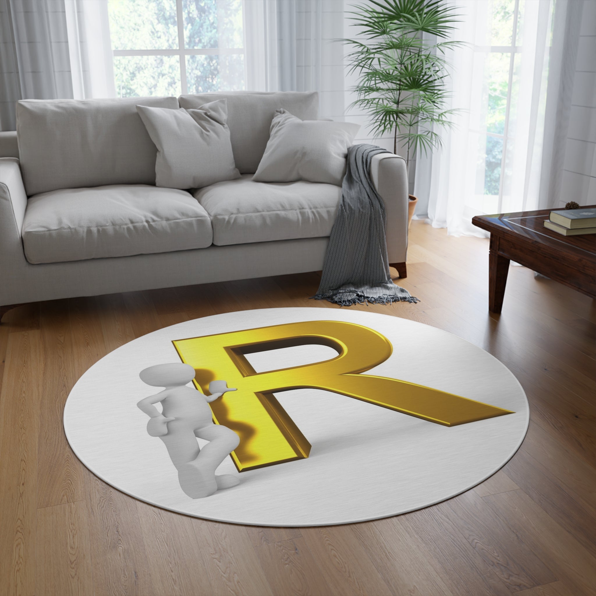 Gold Letter R Monogram Round Rug | Initial Letter R Floor Mat