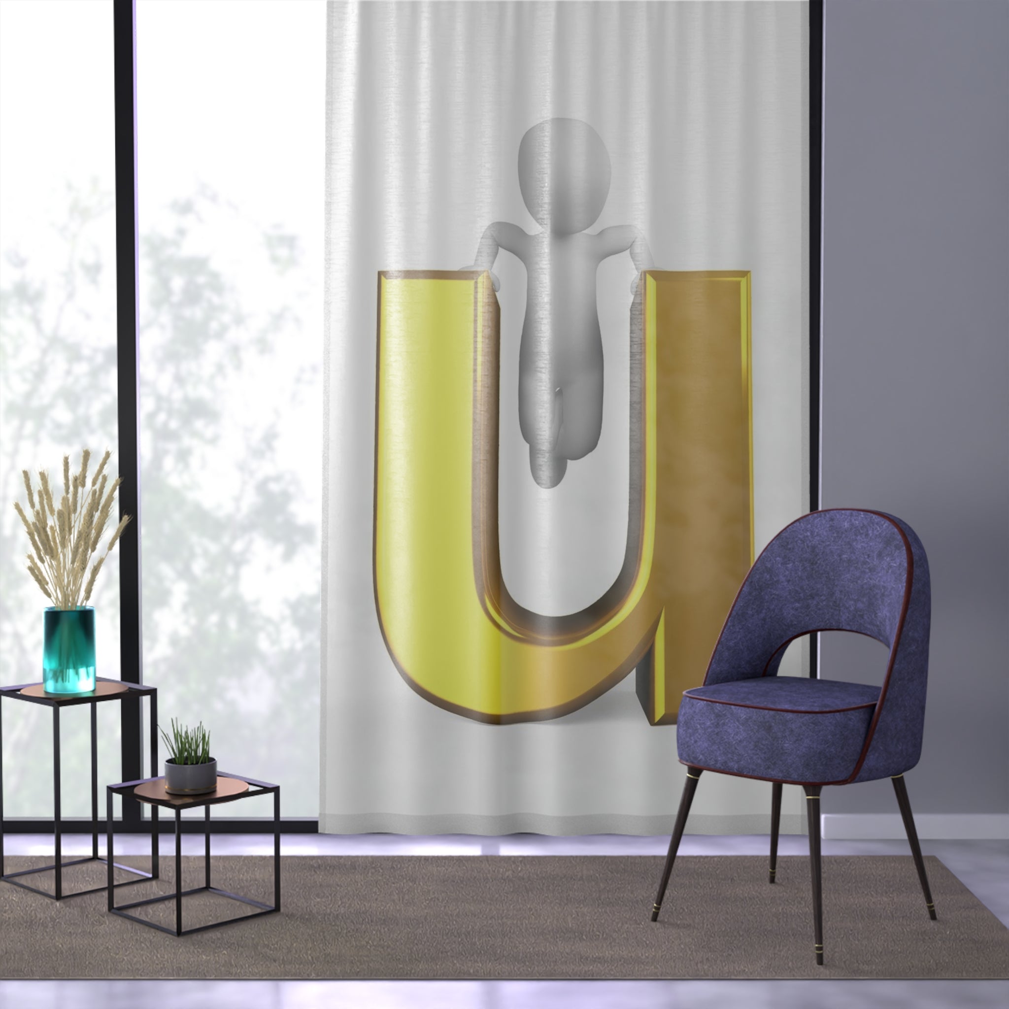 3D Letter U with Figure Window Curtain | Alphabet Initial Panel Drapery