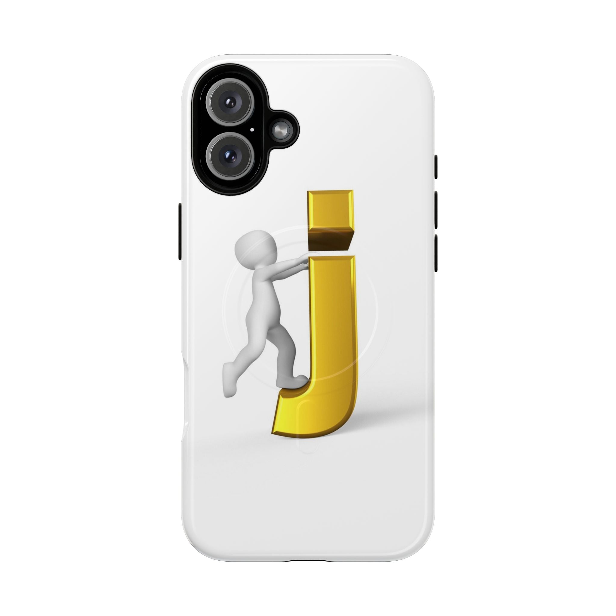 Coque de téléphone 3D Bonhomme allumette Poussant la lettre J dorée | Coque magnétique robuste