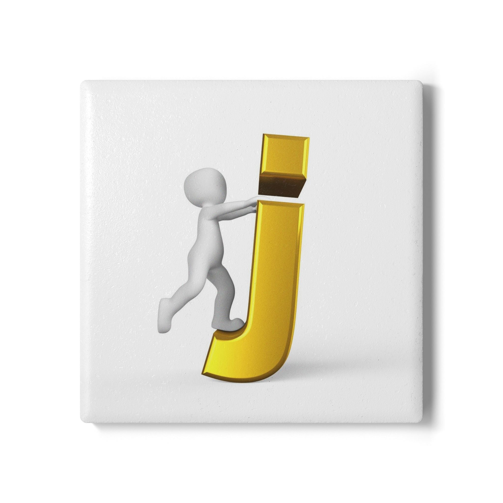 Gold Letter J with Figure Ceramic Coaster | Initial Monogram Coaster