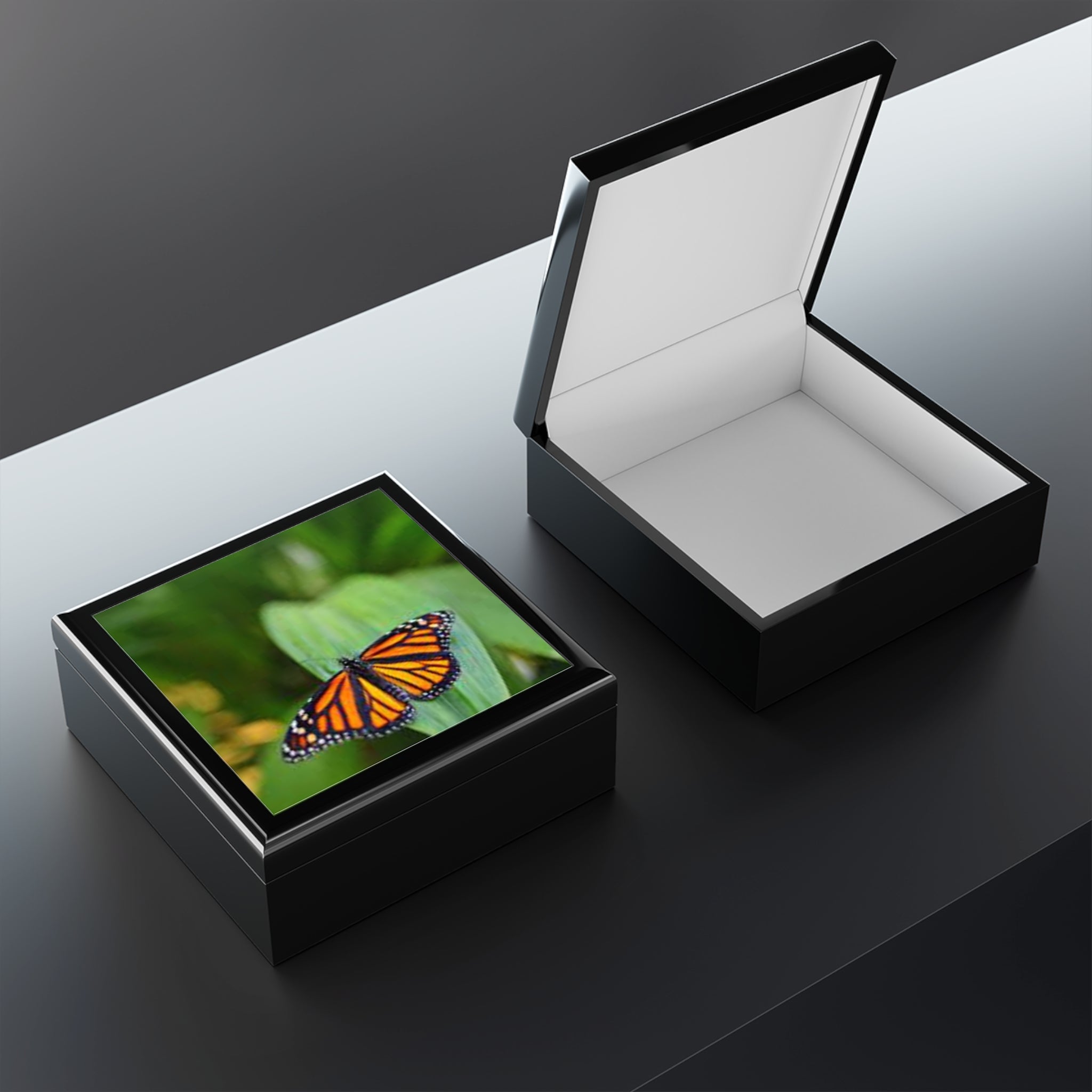 Monarch Butterfly Jewelry Box | Floral Green Nature Keepsake