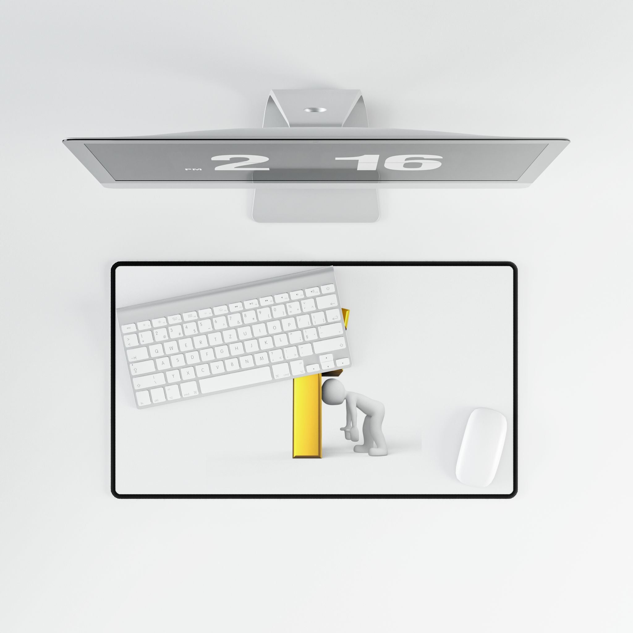 3D Figure Peeking Around Gold Letter F Desk Mat | Large Gaming Mouse Pad
