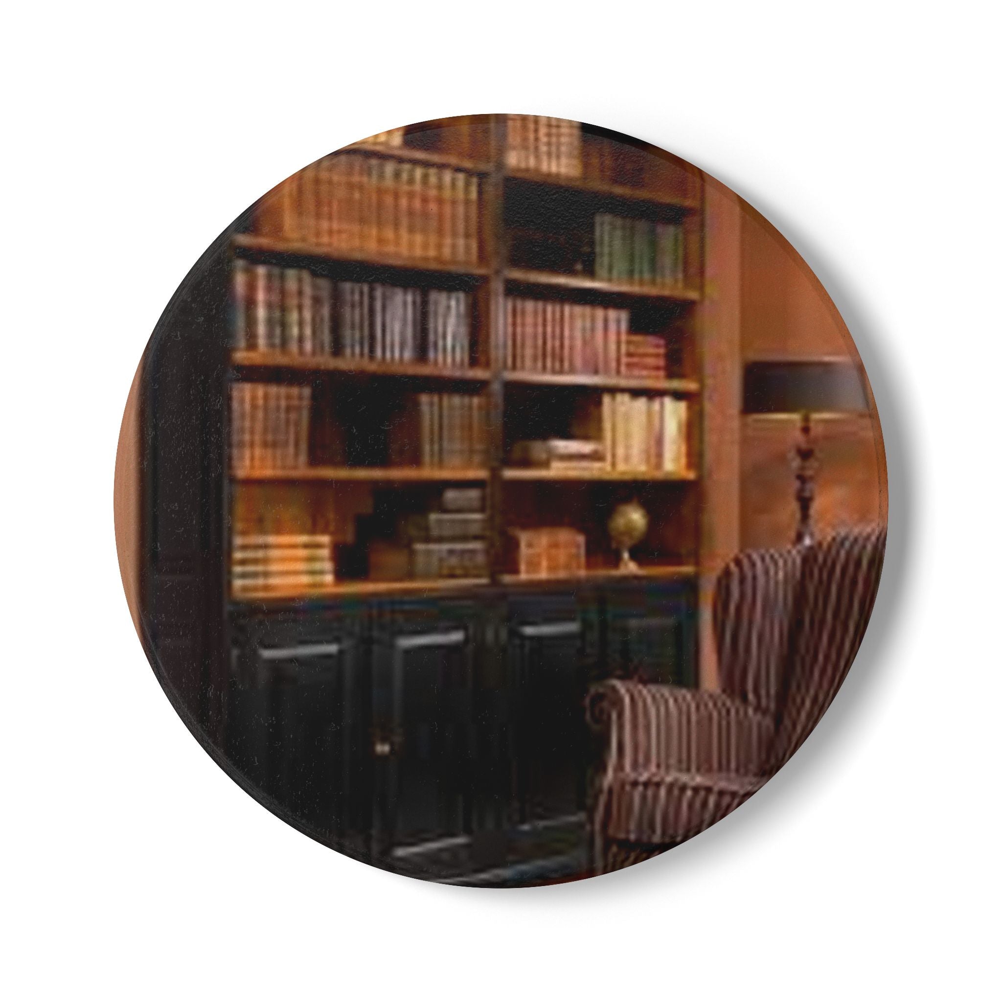 Cozy Library Bookshelf Ceramic Coaster | Vintage Reading Room Cork Back