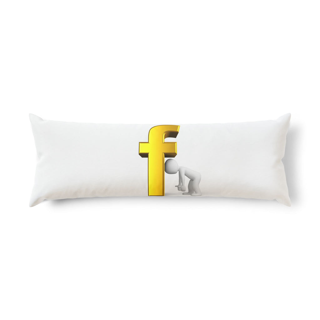 Stick Figure Peeking Around Gold Letter F Body Pillow | Novelty Typographic Pillow
