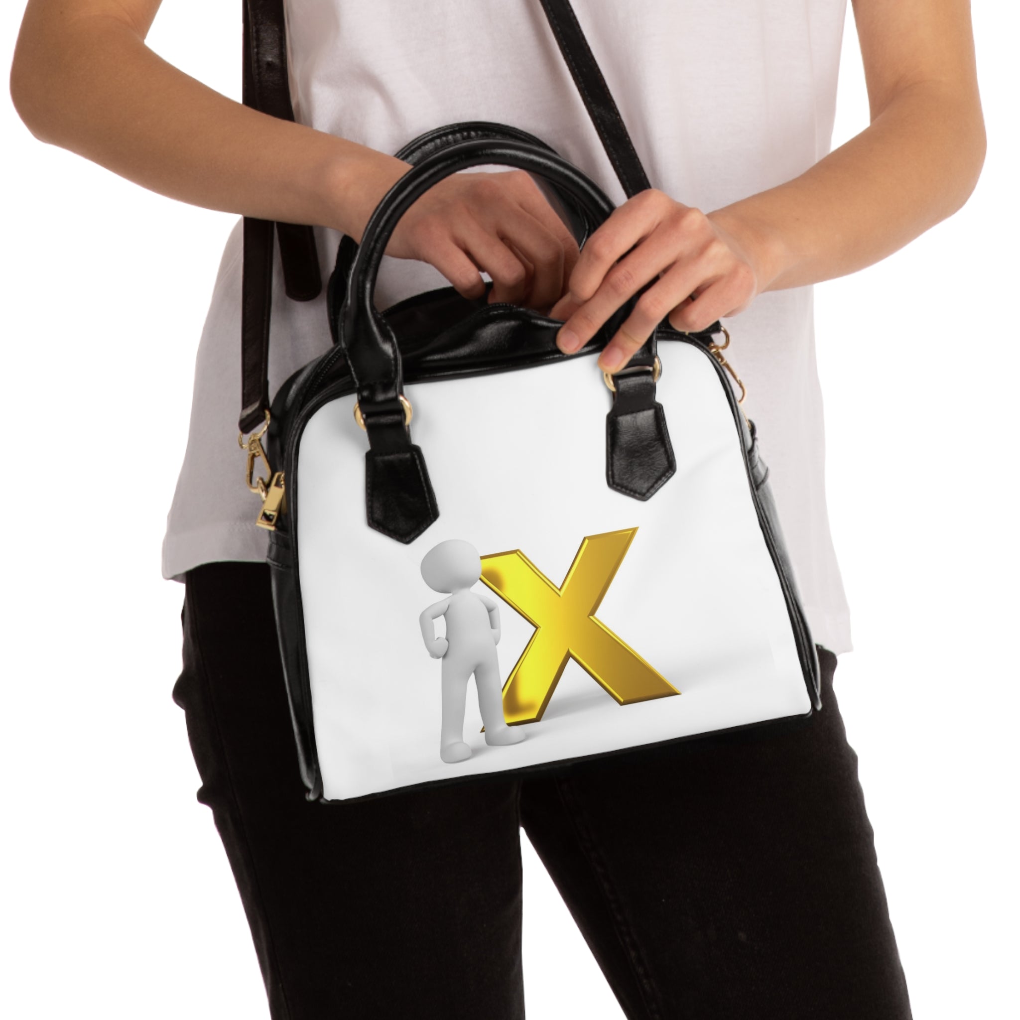 3D Person with Gold X Shoulder Handbag | Initial Monogram Bag