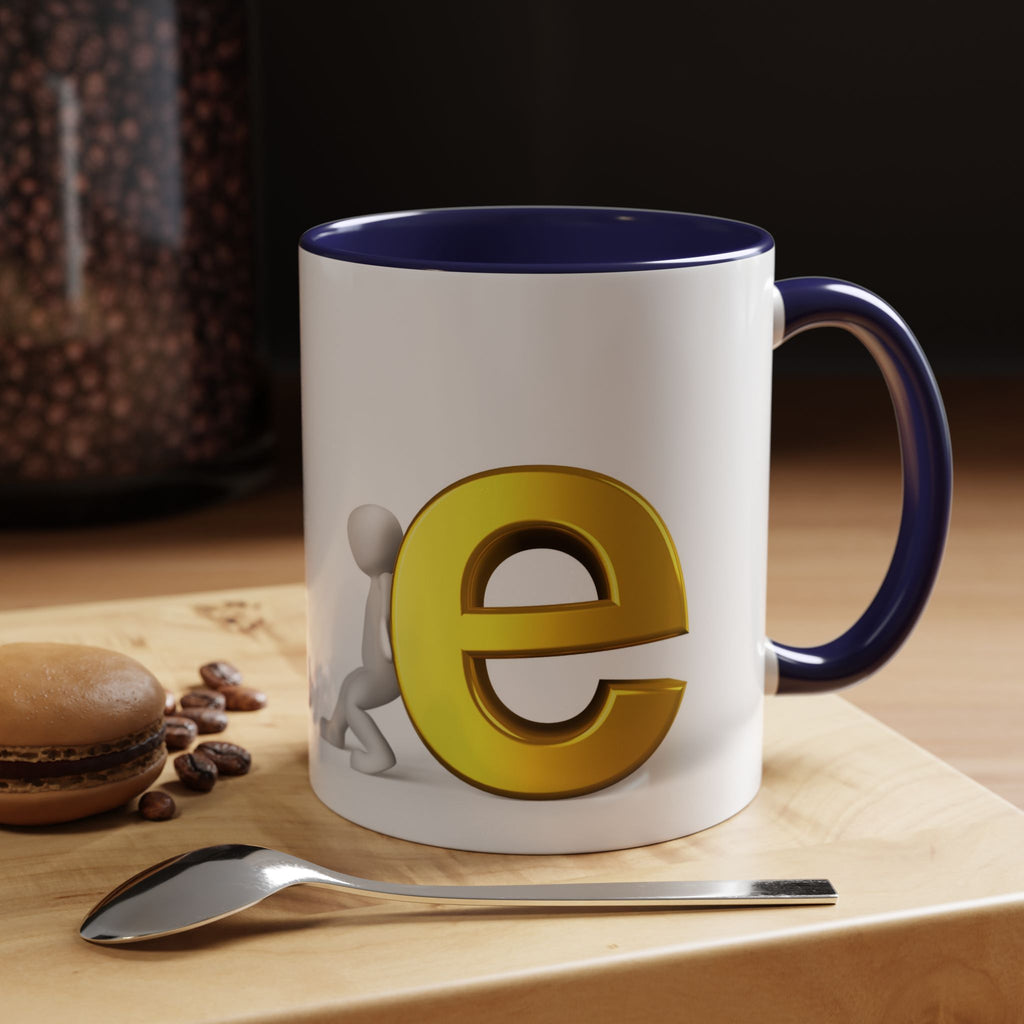 3D Stick Figure Pushing Gold Letter e Accent Coffee Mug | Black Handle, Interior