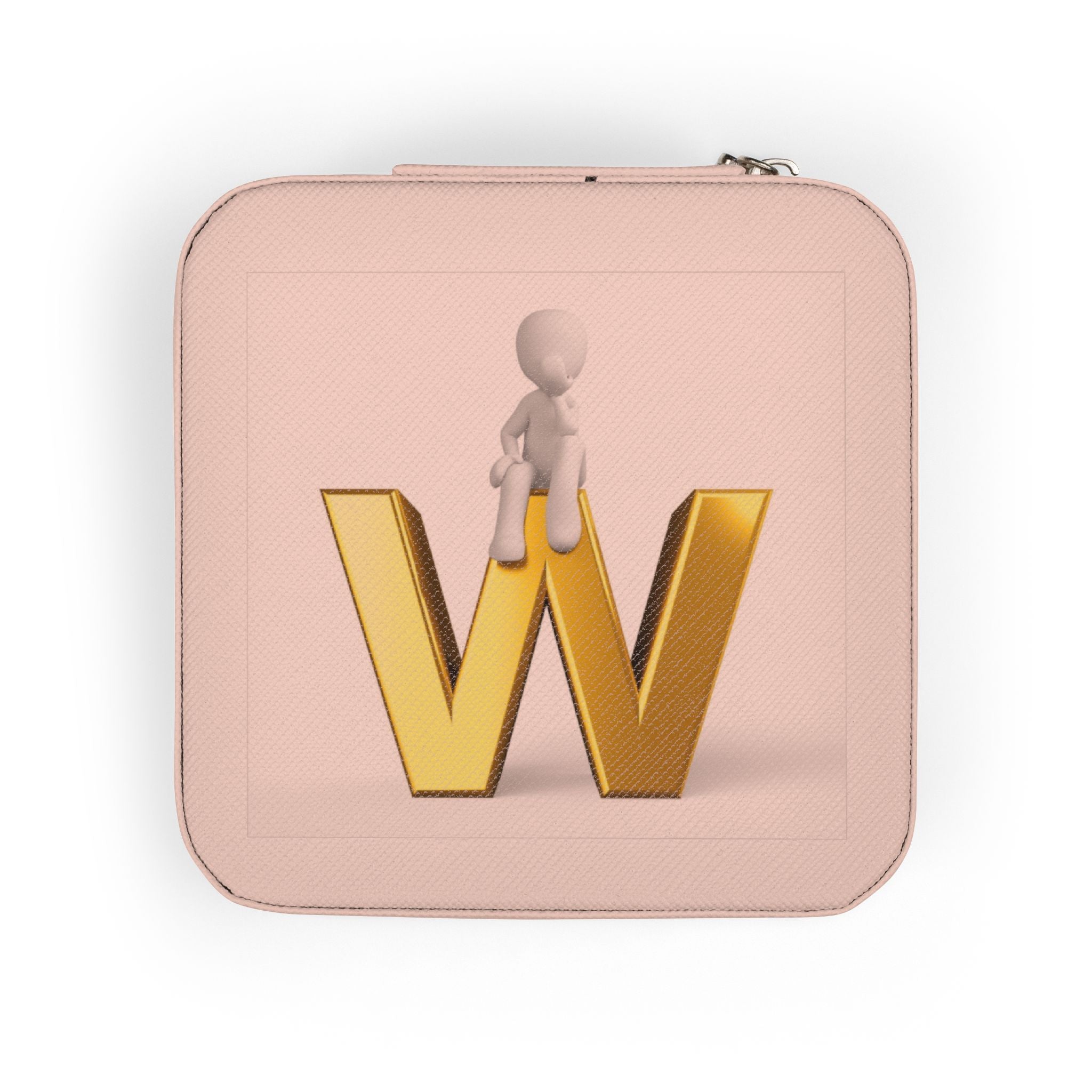 Gold Letter W Monogram Jewelry Travel Case | Compact Pink Organizer